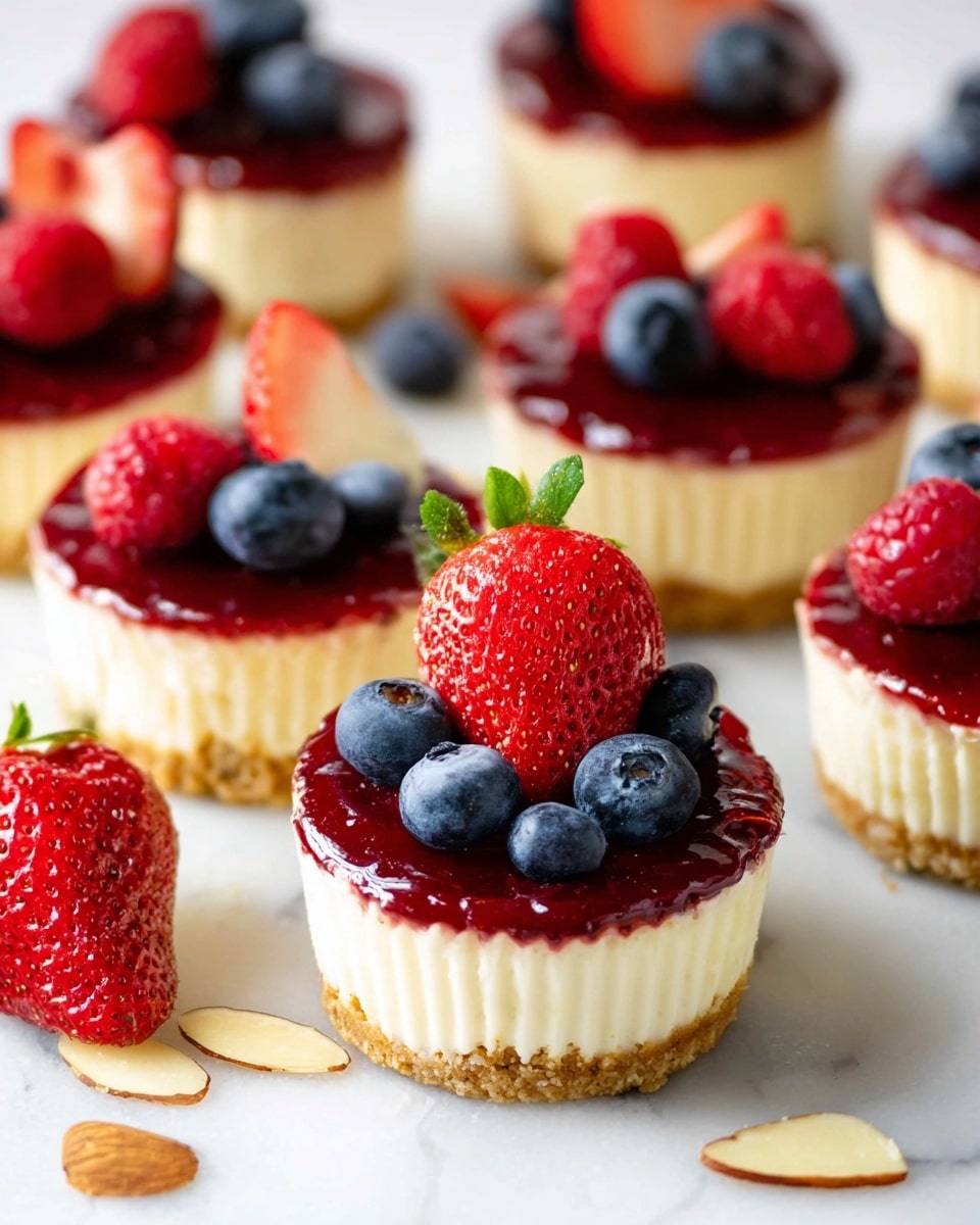 The image shows several small cheesecakes arranged on a white marbled surface. Each cheesecake has three visible layers: a thin, light brown crust at the bottom, a thick, creamy white middle layer, and a shiny dark red topping layer. On top of the red layer, each cheesecake is garnished with fresh berries including one bright red whole strawberry, a few dark blue blueberries, and a red raspberry, all looking fresh and vibrant. Some extra berries and a few sliced almonds are scattered around the cheesecakes on the surface. The lighting is bright, highlighting the smooth texture of the cheesecake and the juicy appearance of the berries. photo taken with an iphone --ar 4:5 --v 7