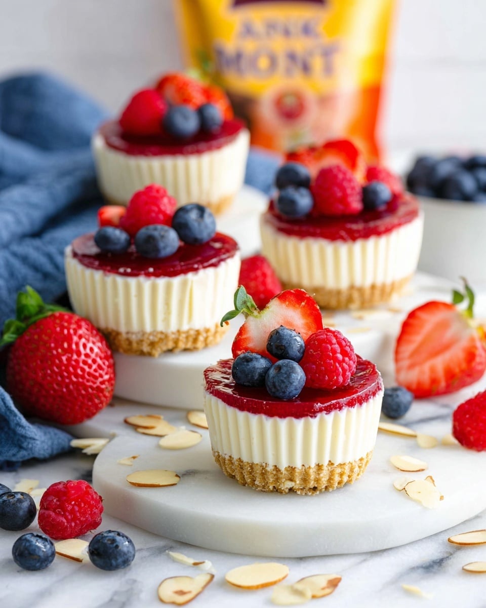 The image shows four small cheesecakes each with three visible layers: a light brown crumbly base, a thick creamy white middle layer, and a thin red jelly-like layer on top. Each cheesecake is decorated with fresh berries including bright red strawberries, raspberries, and dark blue blueberries. The cheesecakes are placed on a white cake stand and on a white marbled surface, with extra scattered berries and almond slices around. In the background, there is a bag with orange and yellow colors and a blue cloth beside the cake stand. Photo taken with an iphone --ar 4:5 --v 7