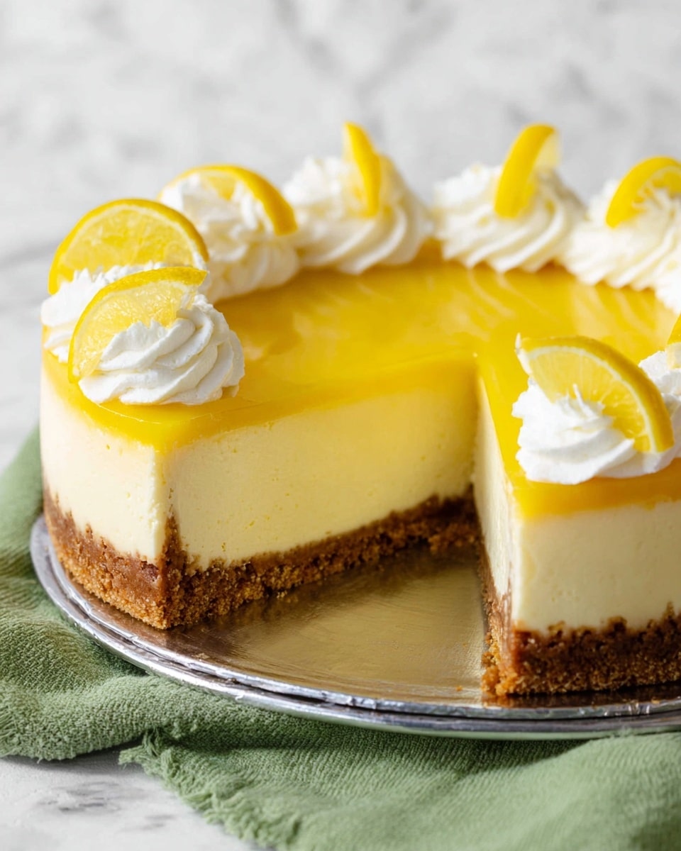 A cheesecake with three clear layers is shown: the bottom layer is a thick, crumbly brown crust, the middle layer is a creamy pale yellow cheese filling, and the top layer is a smooth and shiny bright yellow lemon glaze. Around the top edge, there are evenly spaced dollops of white whipped cream, each topped with a small slice of lemon. The cheesecake is on a round silver metal tray, resting on a green cloth, with a slice removed to show the inside layers, all against a white marbled textured background. photo taken with an iphone --ar 4:5 --v 7