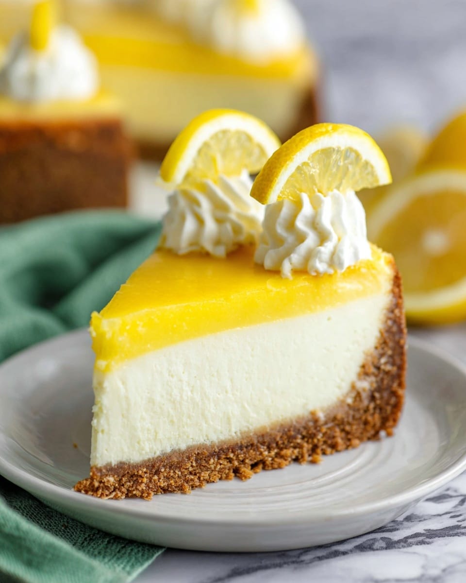 A slice of lemon cheesecake with three distinct layers sits on a white plate. The bottom layer is a thick, crumbly brown crust, followed by a tall, creamy white cheesecake layer in the middle. The top layer is a thin, smooth, bright yellow lemon topping. On top of the yellow layer, there are three dollops of white whipped cream, each topped with a thin lemon wedge. The plate rests on a green cloth with a soft, white marbled surface underneath, and in the blurred background, the rest of the cheesecake and lemon slices are visible. photo taken with an iphone --ar 4:5 --v 7