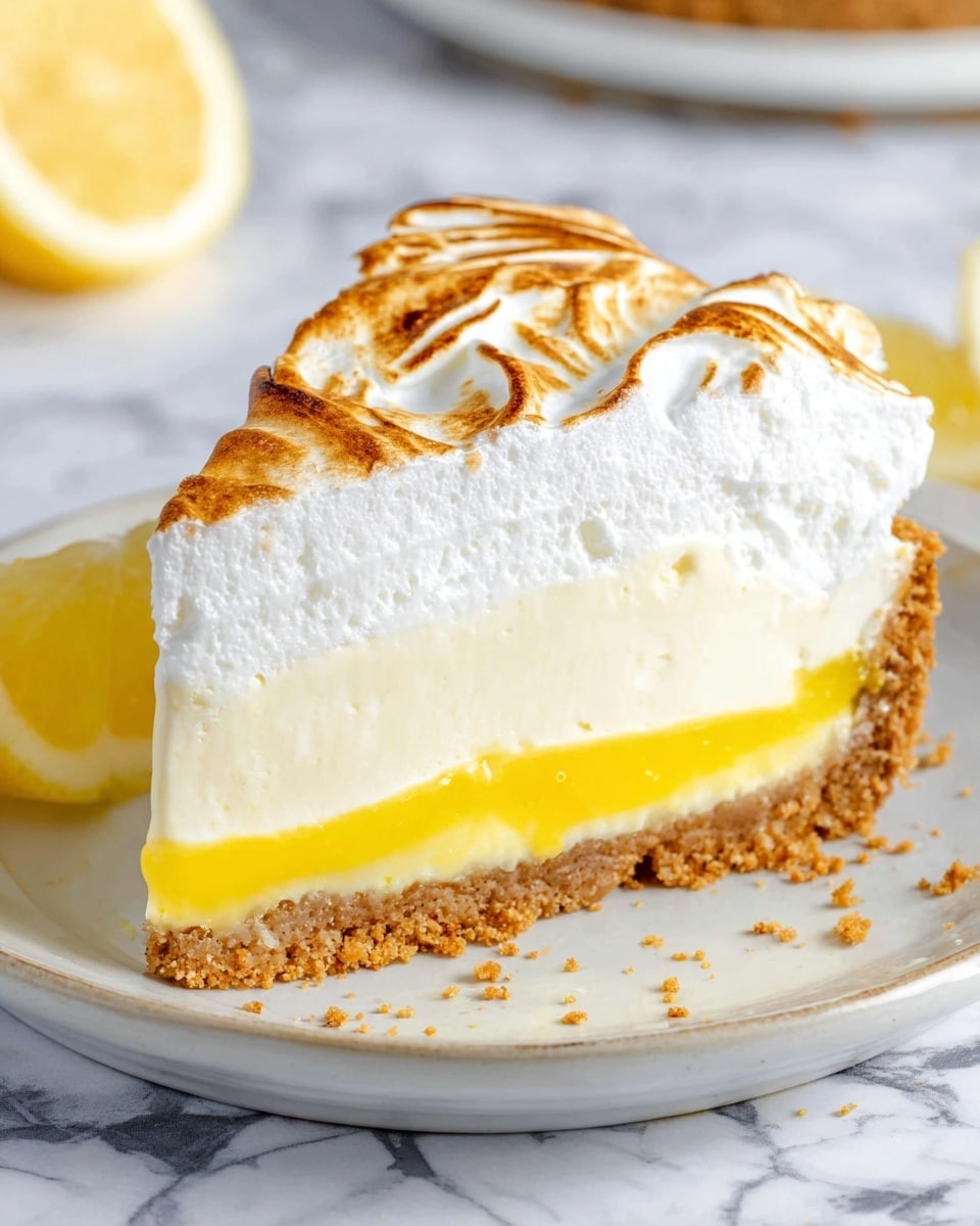 A slice of pie with four layers sits on a white plate with a few crumbs and a lemon slice beside it, all on a white marbled surface. The bottom layer is a crumbly light brown crust. Above it is a thick, smooth creamy white layer. The third layer is a bright yellow, glossy, thin spread of lemon filling. The top layer is a thick fluffy white meringue with streaks of golden brown from toasting. Photo taken with an iphone --ar 4:5 --v 7