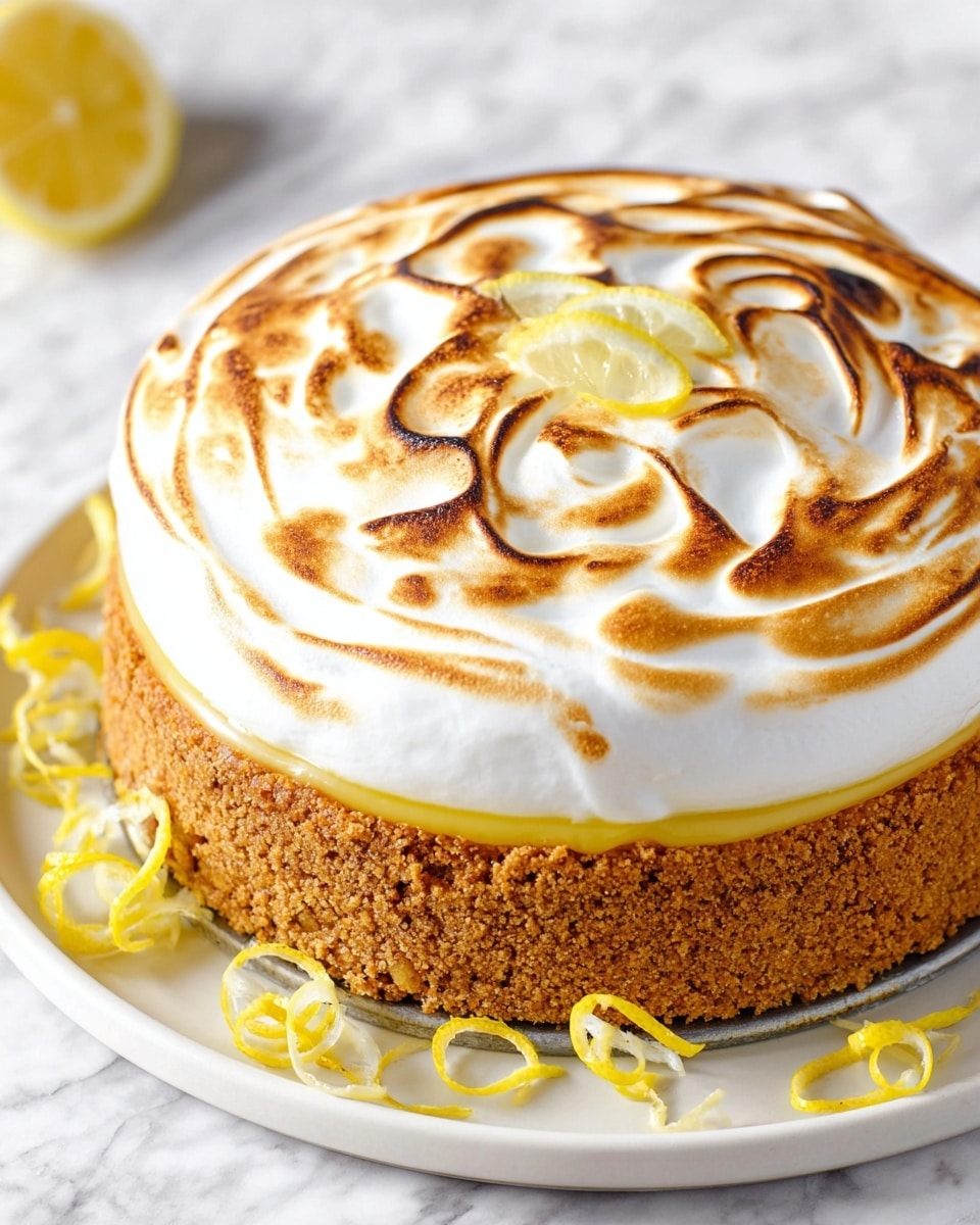 A round three-layer lemon meringue pie sits on a white plate. The bottom layer is a thick, golden-brown crumb crust with a rough texture. Above it, a smooth, bright yellow lemon filling peeks out slightly under the topping. The top layer is a glossy, white meringue with swirled peaks, toasted to a light to medium brown in uneven spots, giving it a soft, cloud-like look. A few thin lemon slices and curly lemon zest strips rest on the plate around the pie. The scene is set on a white marbled surface. photo taken with an iphone --ar 4:5 --v 7