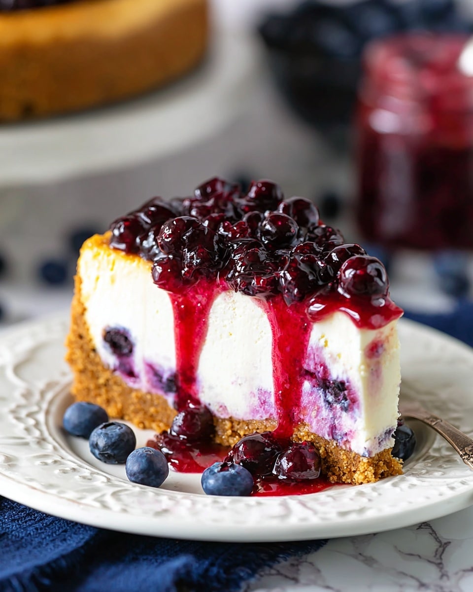 A slice of cheesecake is on a white plate with a decorative edge, placed on a white marbled surface with a dark blue cloth underneath. The slice has three visible layers: a thick golden brown crumbly crust at the bottom, a creamy white middle layer with visible blueberries inside, and a glossy top layer covered with dark purple whole blueberries saturated in bright red syrup that drips down the side onto the plate. In the background, there is a blurred jar of red jam and part of a whole cheesecake. Photo taken with an iphone --ar 4:5 --v 7
