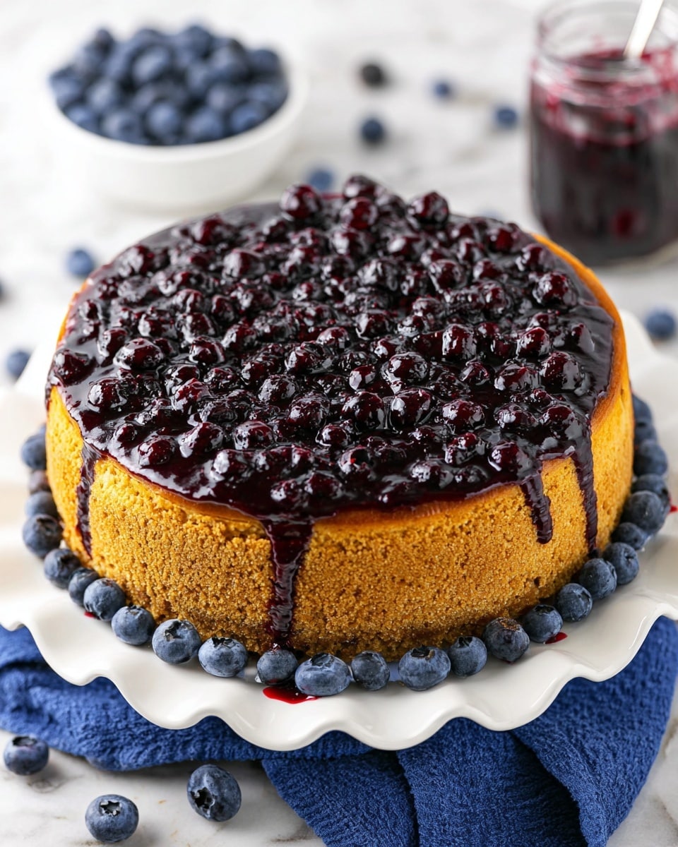 A round cheesecake with a thick, golden-brown crumb crust as the bottom and sides layer, topped with a glossy, dark purple blueberry sauce that covers the entire top surface and drips down the sides. Whole blueberries are embedded densely in the sauce layer, adding texture and shine. The cheesecake sits on a white plate with a wavy edge, placed on a blue cloth atop a white marbled surface. Scattered fresh blueberries surround the base, with a white bowl filled with blueberries and a jar of blueberry sauce blurred in the background. Photo taken with an iphone --ar 4:5 --v 7