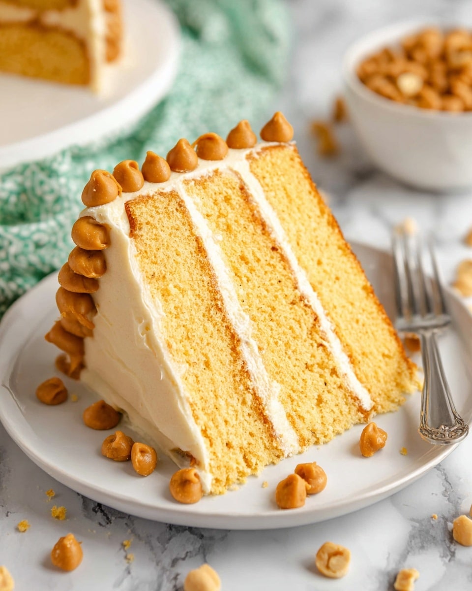 A close-up view of a thick slice of three-layer yellow cake with light beige creamy frosting between each layer and covering the sides. The top edge of the cake is decorated with a row of small, round, light brown butterscotch chips. The slice sits on a white plate with scattered butterscotch chips around it on a white marbled surface. In the background, there is a white bowl filled with the same light brown chips, and a silver fork rests beside the plate. photo taken with an iphone --ar 4:5 --v 7
