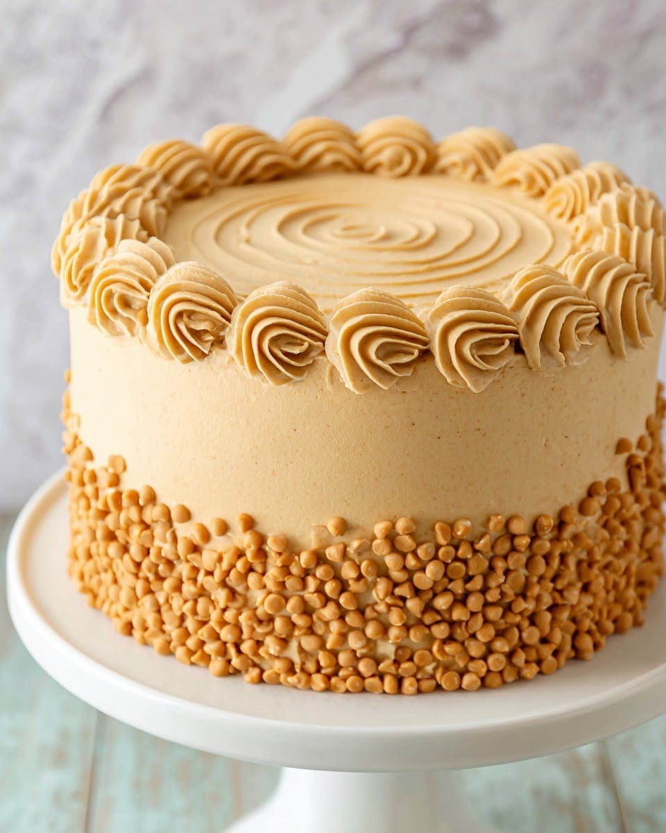 This is a round cake with three visible layers covered smoothly in light tan frosting. The sides are thickly coated with small, light brown butterscotch chips, creating a textured look. Around the top edge of the cake is a decorative swirl border made from the same tan frosting, giving it a soft, wavy pattern. The top surface is smooth with a subtle spiral design in the frosting, matching the light tan color of the border. The cake sits on a white pedestal cake stand against a white marbled texture background. Photo taken with an iphone --ar 4:5 --v 7