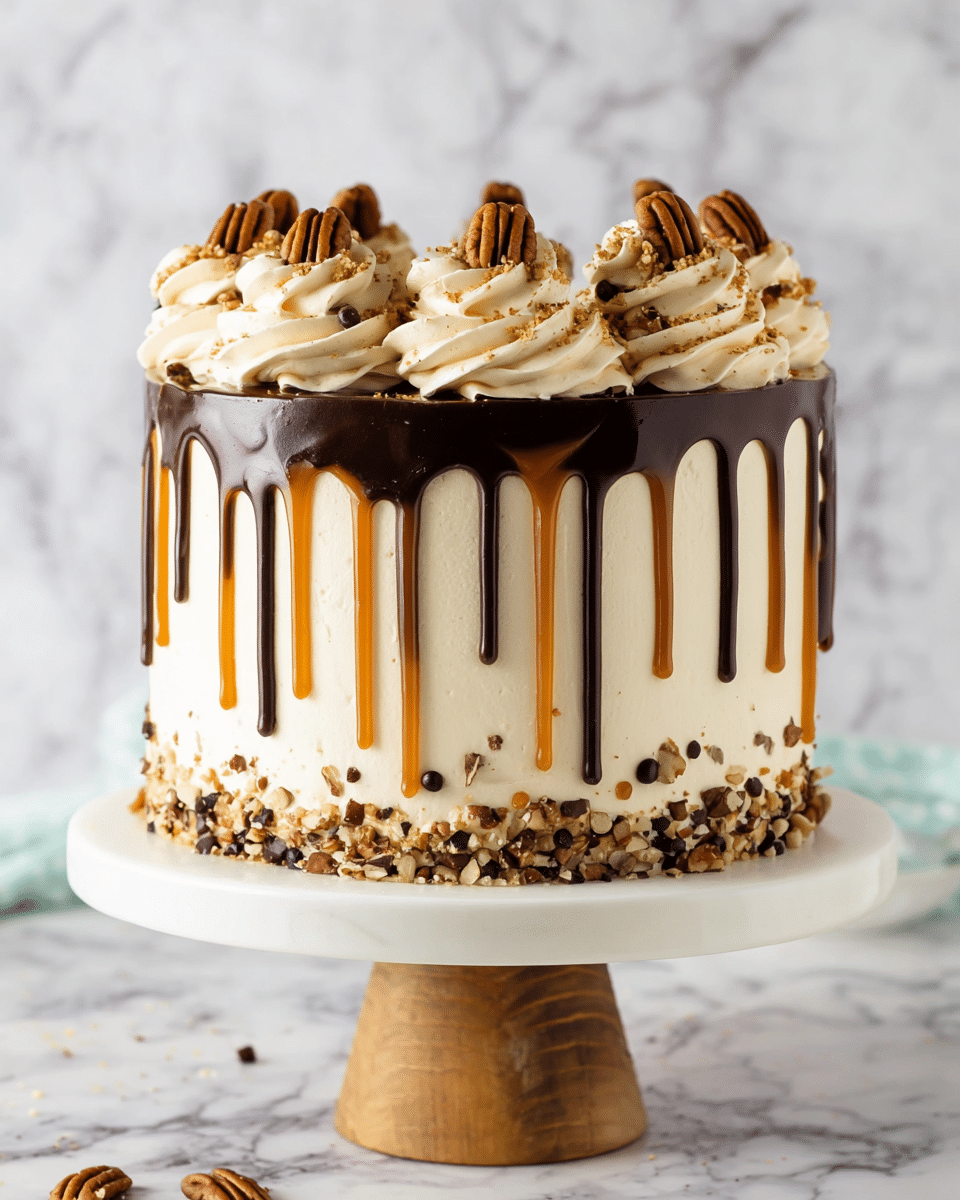 The cake has three layers covered with smooth cream-colored frosting. The top edge is decorated with dark chocolate ganache and caramel sauce dripping down the sides in alternating thick lines. The base of the cake is lined with a mix of chopped nuts and small chocolate chips. On top, there are eight large swirls of cream-colored frosting, each topped with a whole pecan and sprinkled with crushed nuts, all arranged evenly around the top. The cake sits on a white cake stand with a wooden base, placed on a white marbled surface. photo taken with an iphone --ar 4:5 --v 7