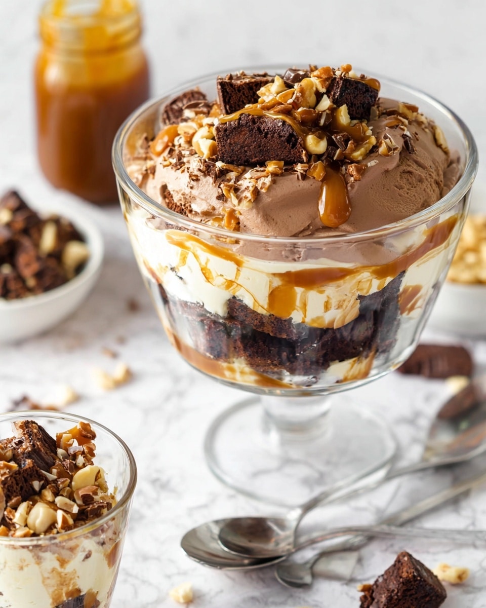 The image shows a layered dessert in a clear glass bowl with a portion served in a smaller clear glass. The dessert has about four layers; the bottom layer is dark brown brownie chunks, followed by a creamy off-white layer with swirls of chocolate and caramel sauce. Above that is a thick smooth layer of light brown chocolate mousse, topped with more chewy brownie pieces, chopped nuts, and bits of caramel chocolate candy. The background is a white marbled texture with a jar of caramel sauce, a bowl of nuts, a spoon, and some brownie pieces scattered around. photo taken with an iphone --ar 4:5 --v 7