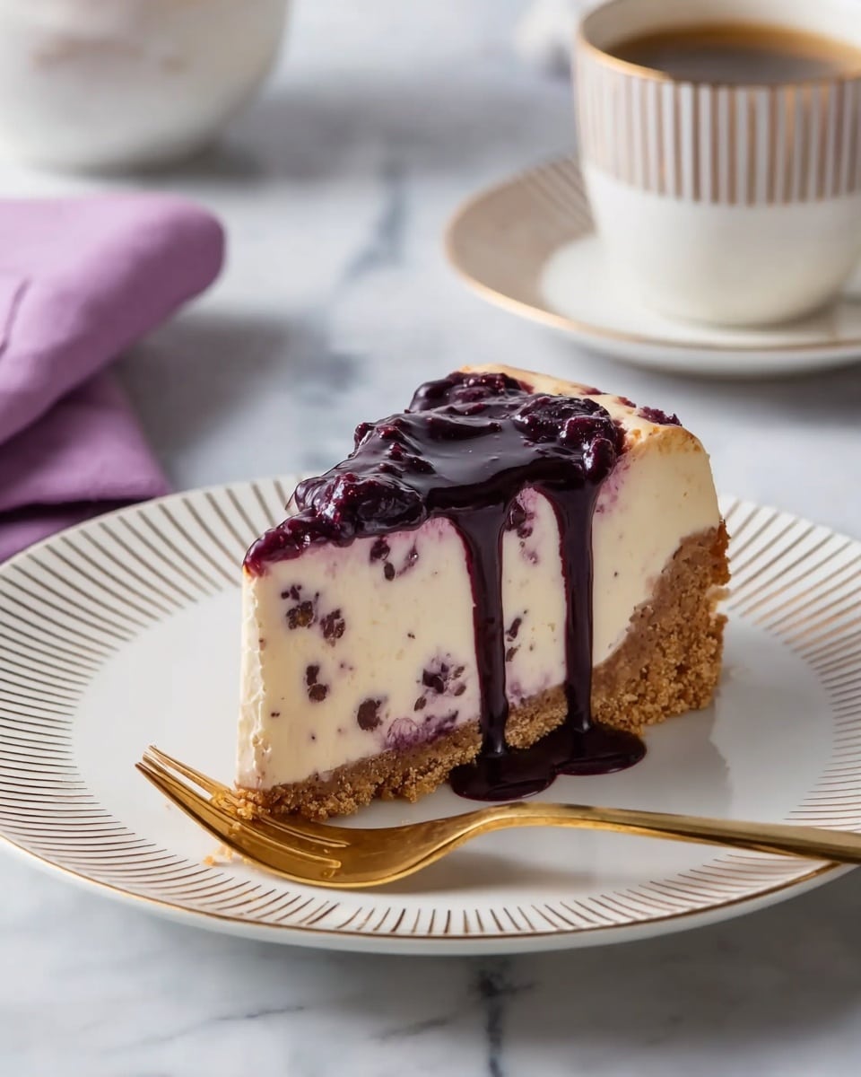 A single slice of cheesecake with three layers sits on a white plate with gold lines along the rim. The bottom layer is a thick light brown crumbly crust, the middle layer is creamy white cheesecake speckled with small dark spots, and the top layer is a glossy dark purple sauce that drips down the sides onto the plate. A gold fork rests in front of the slice with some sauce near its tines. In the background, there is a white cup and saucer with gold stripes, and a purple cloth napkin lies on a white marbled surface. photo taken with an iphone --ar 4:5 --v 7