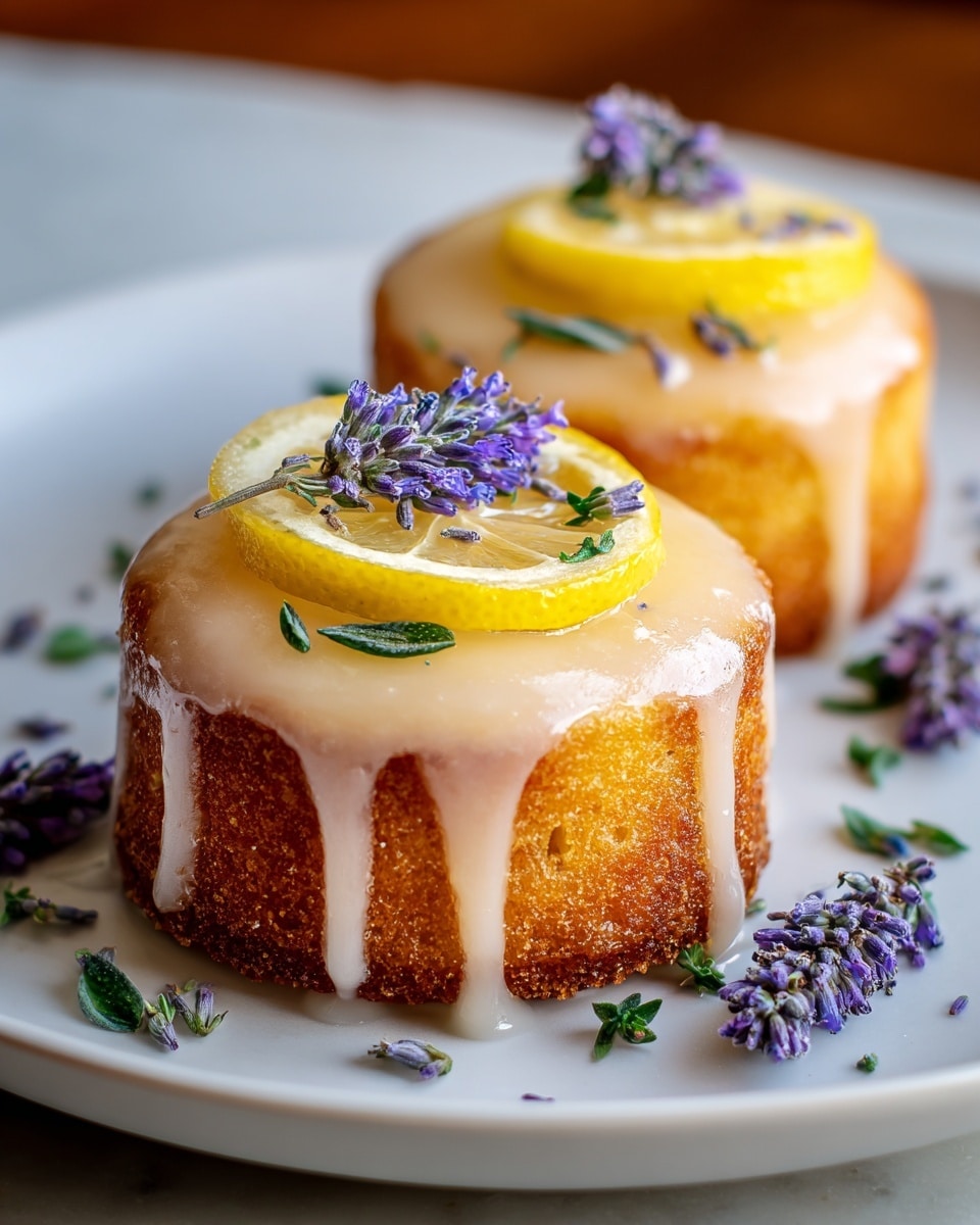 Two small round golden brown cakes sit side by side on a white plate with a white marbled background. Each cake has a smooth, pale glaze dripping down the sides, creating a shiny texture. On top of each cake, there is a thin, bright yellow lemon slice, decorated with small purple lavender flowers and tiny green herb leaves. More lavender flowers and green leaves are scattered around the cakes on the plate, adding a fresh, colorful touch. Photo taken with an iphone --ar 4:5 --v 7