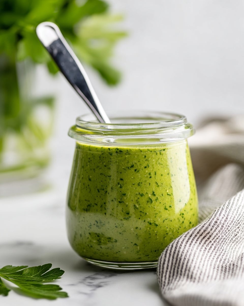A clear glass jar filled to the top with a smooth, thick green sauce that has small flecks of herbs evenly spread throughout. A shiny silver spoon is placed inside the jar, leaning slightly to the left. The jar is placed on a white marbled surface with a striped cloth on the right side. Green leaves and a blurred glass jar with water and parsley are in the soft-focused background, giving a fresh and natural feel. photo taken with an iphone --ar 4:5 --v 7