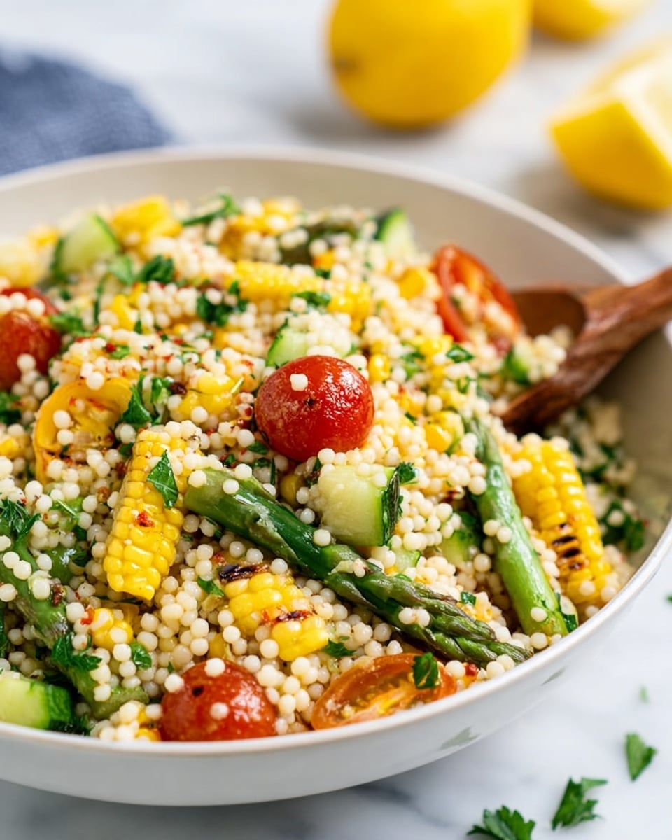 A close-up view of a white bowl filled with a colorful couscous salad. The dish has three main layers: a base layer of small, round, ivory couscous grains; mixed throughout are pieces of bright yellow grilled corn with light brown grill marks, halved vibrant red cherry tomatoes, and chopped green vegetables including asparagus and cucumber; scattered green parsley adds a fresh look on top. The bowl sits on a white marbled surface, with a blurred bright yellow lemon in the background and specks of green herbs around. A wooden spoon rests inside the bowl. photo taken with an iphone --ar 4:5 --v 7