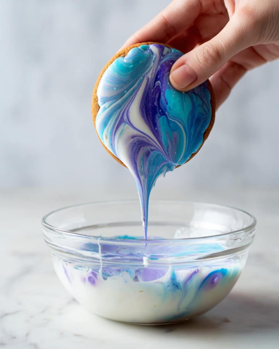 A woman's hand holds a round cookie coated with thick, glossy icing that has a smooth swirl of white, light blue, and purple colors blending together, dripping in a long teardrop shape from the bottom. Below, a clear glass bowl sits on a white marbled surface, filled with creamy white icing stained with similar swirls of blue and purple, creating a marbled effect inside the bowl. The background is softly blurred and light, focusing attention on the dripping cookie and the bowl below. photo taken with an iphone --ar 4:5 --v 7