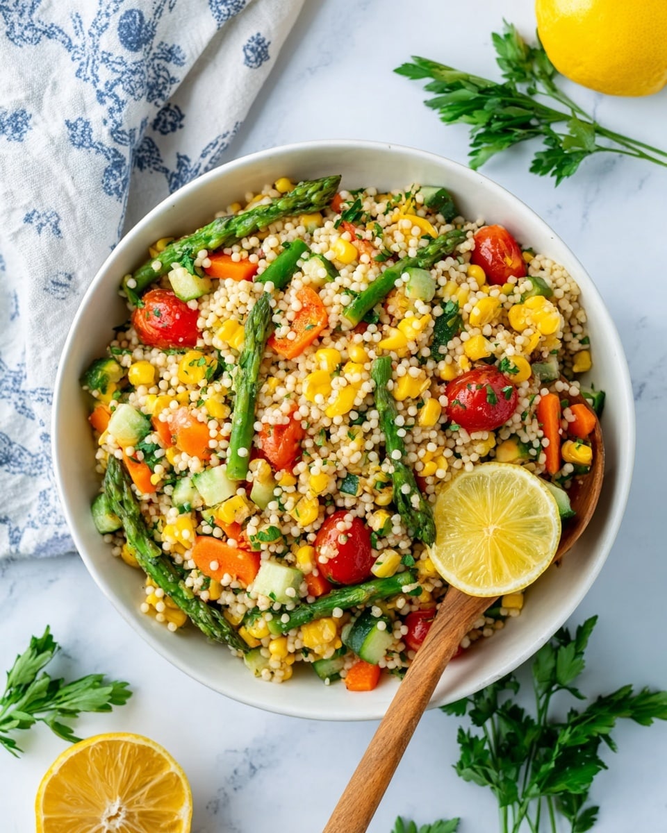 A white bowl filled with a colorful couscous salad showing three main layers: small round white couscous pearls at the base covering most of the bowl, a mixture of bright yellow grilled corn chunks and green asparagus tips layered throughout, and halved, red cherry tomatoes scattered within the salad. There are also small pieces of light green cucumber and thin slices of orange carrot mixed in. On the right side inside the bowl, a small yellow lemon wedge is placed as a garnish. A wooden spoon handle is seen on the left side, resting in the bowl. The bowl is placed on a white marbled surface with sprigs of fresh green parsley scattered around and a whole lemon and a lemon half nearby. Part of a light blue edged white cloth is visible near the bowl. Photo taken with an iphone --ar 4:5 --v 7