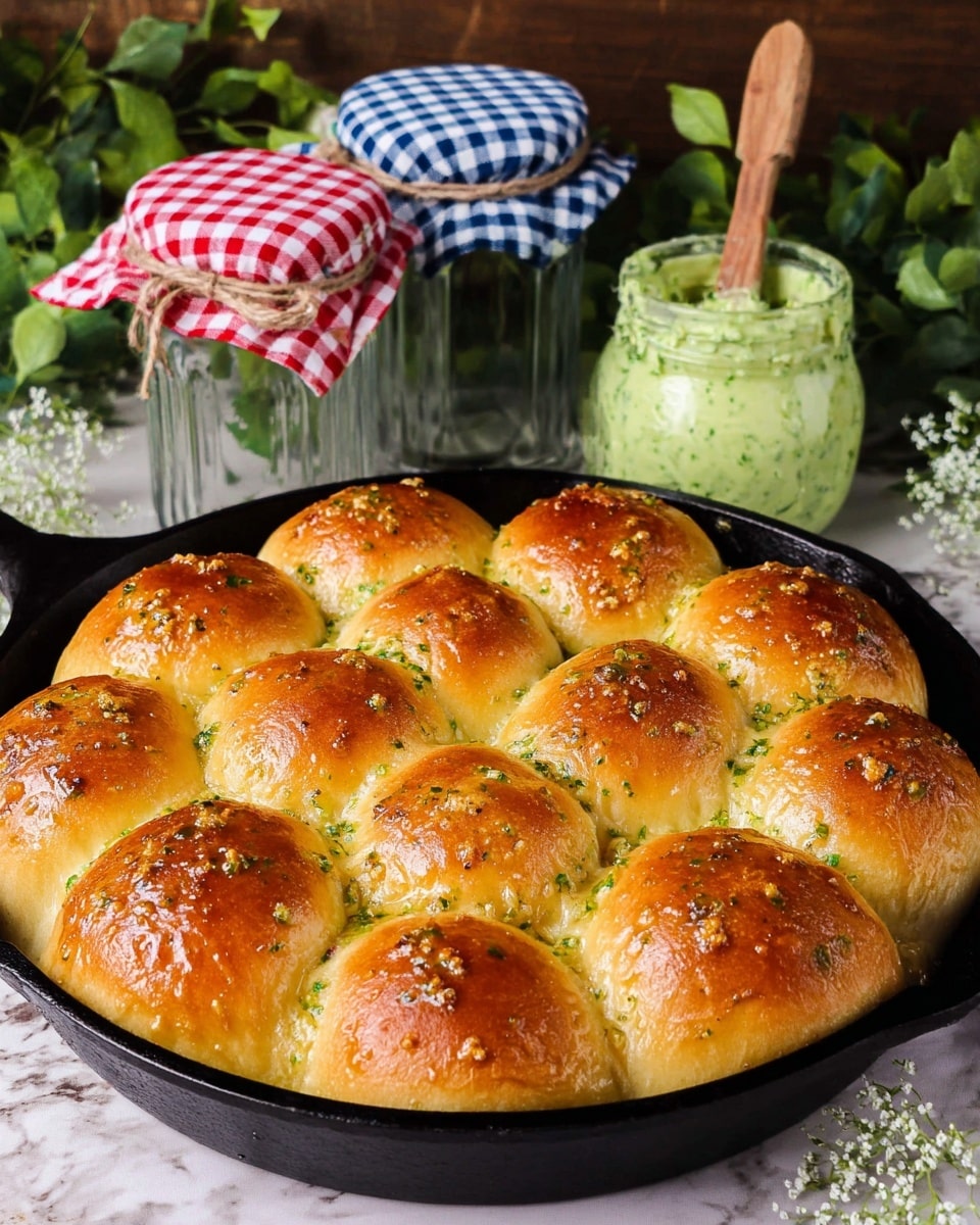 The image shows a round cast iron pan filled with twelve golden brown garlic bread rolls placed closely together, forming a circle. Each roll has a shiny, smooth top with visible bits of green herbs and garlic spread on it, giving a speckled texture. Behind the pan, there are three glass jars with fabric covers in red, white, and blue checks tied with string, and a jar of green herb butter with a small wooden spoon sticking out. The setting includes green leaves and small white flowers around, all placed on a white marbled texture. photo taken with an iphone --ar 4:5 --v 7
