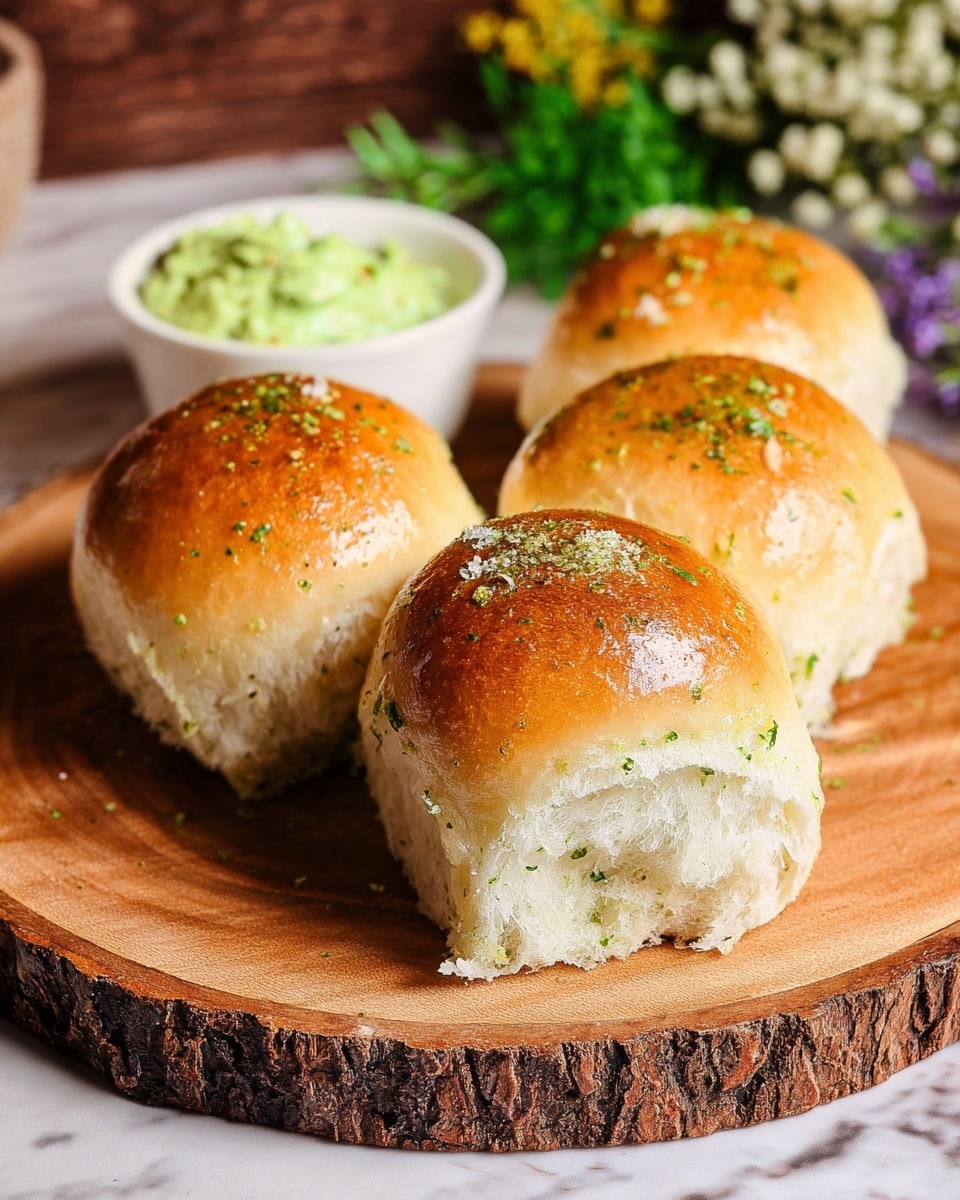 Four soft bread rolls with shiny golden brown tops and light sprinklings of green herbs sit closely together on a round wooden board with bark edges. The inside of the rolls is fluffy and white with a light texture. Behind the bread rolls, a small white bowl filled with a green spread is slightly blurred, along with some green leaves and small flowers in the background. The whole scene rests on a white marbled texture surface. photo taken with an iphone --ar 4:5 --v 7