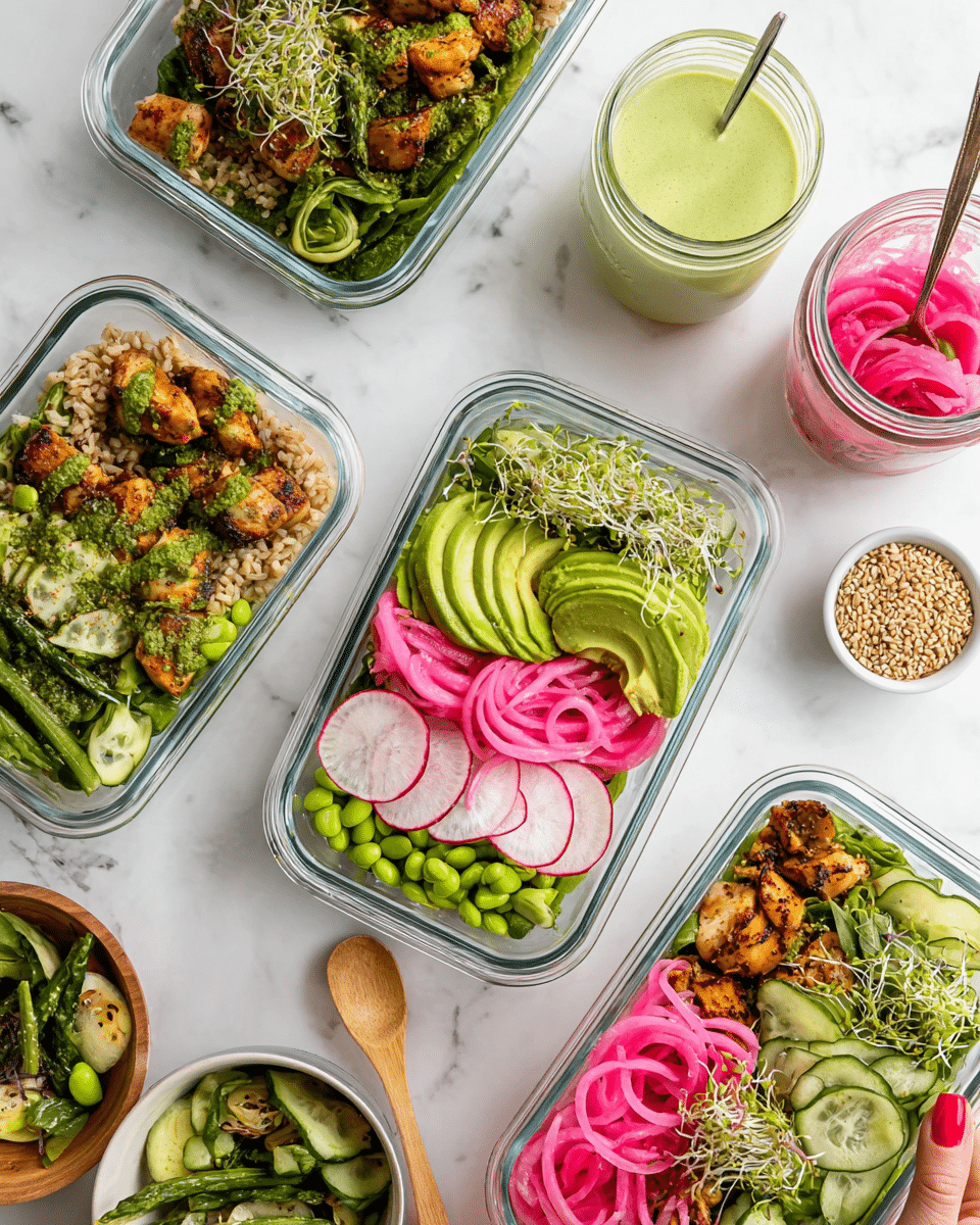The image shows several clear rectangular containers filled with fresh, colorful salad layers on a white marbled surface. Each container has a base layer of light brown grains, topped with a layer of bright green avocado slices and vibrant pink pickled onion spirals. There are also layers of green edamame beans and grilled golden-brown chicken pieces seasoned with herbs. One container has thin slices of radish adding white and pink color, and the salads are garnished with small green sprouts and light green sauce in a small clear cup on top. Around the containers are additional items including a jar of creamy light green dressing with a spoon, a small wooden bowl of seeds, a glass bowl of green sprouts, and a white bowl filled with a mixed salad of green asparagus, cucumber slices, grilled chicken, and pink pickled onions, drizzled with green dressing. A woman's hand with red nail polish is holding the red-pink jar of pickled onions. photo taken with an iphone --ar 4:5 --v 7