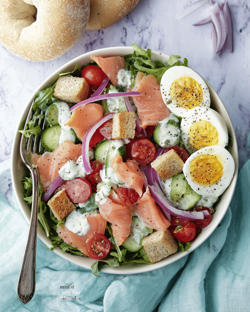 A white bowl filled with a fresh salad featuring a base layer of green leafy arugula, topped with halved cherry red tomatoes and thin, round slices of light green cucumber. There are curved ribbons of pink smoked salmon placed evenly around the bowl, along with purple onion rings scattered on top. Pieces of light brown croutons with seasoning are spread across the salad. On the right side, two halves of a soft boiled egg with bright yellow yolk and white whites are garnished with black and white seeds. A creamy white dressing is drizzled over the salad, adding a textured look. A silver fork rests on the left side of the bowl, and a light blue cloth is partially visible on the right on a white marbled surface. A white sandwich bagel split in half is placed near the top of the image. photo taken with an iphone --ar 4:5 --v 7