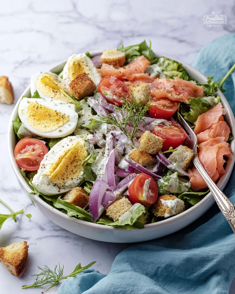 A white bowl filled with a fresh layered salad placed on a white marbled surface with a light blue cloth nearby, the salad shows a bottom layer of green leafy arugula, topped with slices of red cherry tomatoes and purple onion rings scattered throughout. There are pieces of soft, light brown croutons sprinkled on top, with slices of pink smoked salmon artfully placed around the bowl. Near the edge, halved boiled eggs with bright yellow yolks and white edges are visible, seasoned with black pepper. The salad is lightly drizzled with a creamy white dressing, and there is a small sprig of dill on top as garnish. A silver fork rests inside the bowl. Photo taken with an iphone --ar 4:5 --v 7