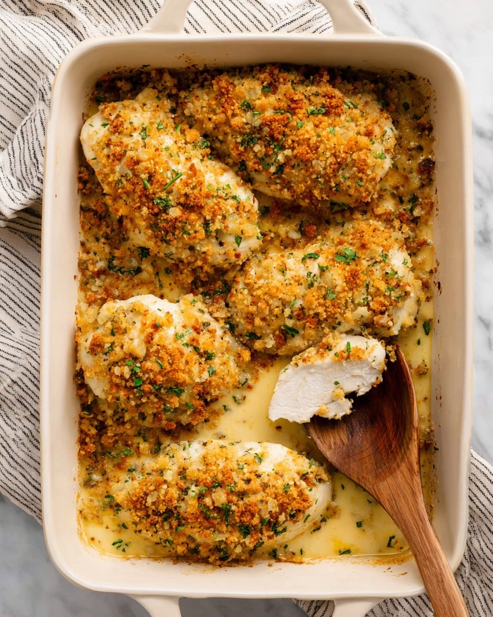 The image shows a rectangular white baking dish filled with four large chicken breasts covered in a golden brown, crunchy crumb topping mixed with small green herbs evenly spread over them. The chicken rests in a creamy, slightly yellow sauce that fills the bottom of the dish, slightly bubbling at the edges. A wooden spoon is placed in the dish on the right side, slightly lifting one piece of chicken, revealing its soft white texture beneath the crispy crumb layer. The dish is set on a white marbled surface with a striped cloth partially visible on the left side. Photo taken with an iphone --ar 4:5 --v 7