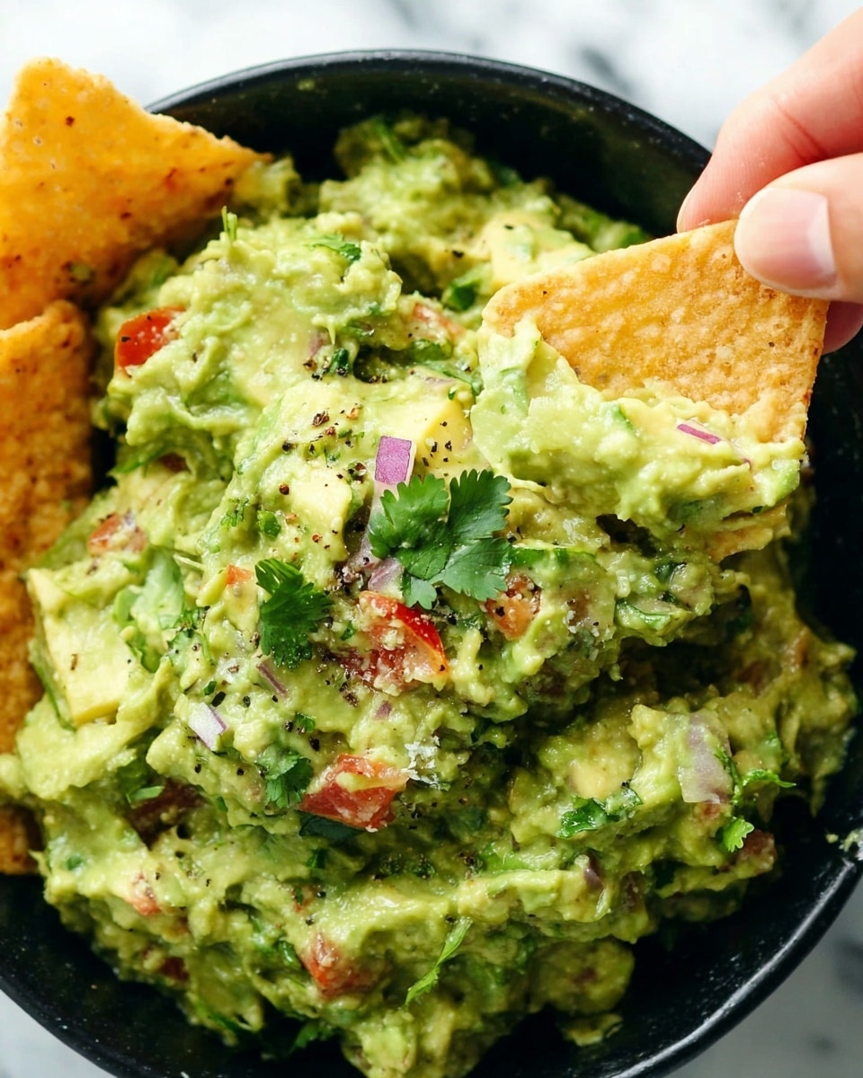 A close-up view of a black bowl filled with chunky guacamole, showing three main layers: the bottom green creamy avocado mix with visible small chunks, scattered with bits of red tomato, small pieces of purple onion, and light green cilantro leaves on top, giving a fresh look. The texture is slightly lumpy and moist, with black pepper specks sprinkled across. On the left side of the bowl, a few golden brown, crispy tortilla chips are visible, and a woman's hand is holding one tortilla chip dipped partly into the guacamole. The background is a white marbled texture. photo taken with an iphone --ar 4:5 --v 7