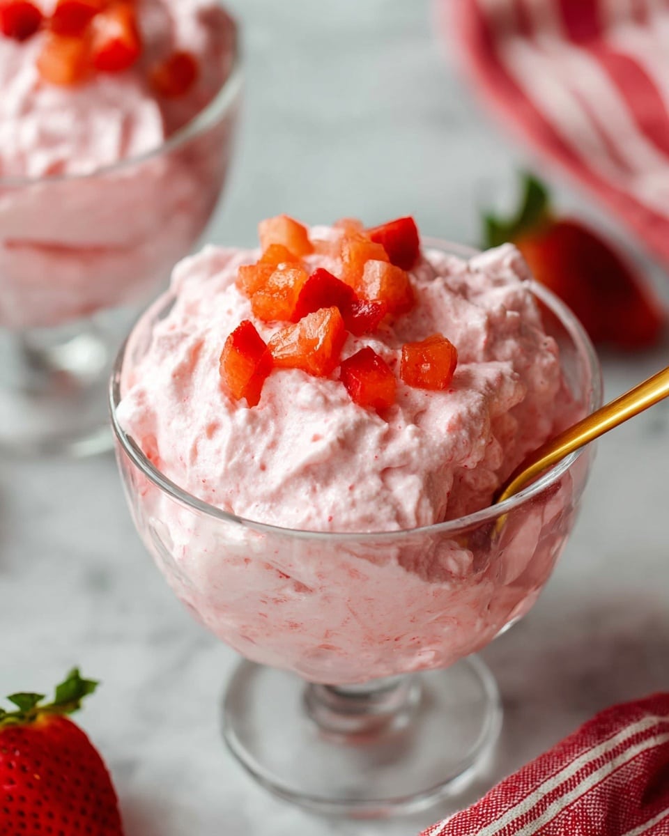 A clear glass dessert cup filled with a fluffy, light pink strawberry mousse, showing a whipped and airy texture reaching just above the rim. On top, small bright red and orange chunks of fresh strawberries are scattered as garnish. A gold spoon is partly sunk into the mousse, resting on the side of the cup. The cup is placed on a white marbled surface, and a red-striped cloth is partially visible in the blurred background. Photo taken with an iphone --ar 4:5 --v 7