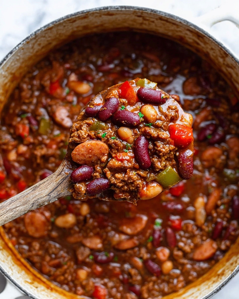 A close-up view of a thick chili stew in a white pot with a textured rim, showing multiple layers of ingredients including dark red kidney beans, light brown baked beans, small chunks of browned ground meat, and slices of reddish-brown sausage, all mixed in a rich, glossy brown sauce with visible pieces of green and red bell peppers. A wooden spoon holds a scoop of the chili in the foreground, showcasing the mix of ingredients with small bits of chopped herbs on top. The pot rests on a white marbled surface. Photo taken with an iphone --ar 4:5 --v 7