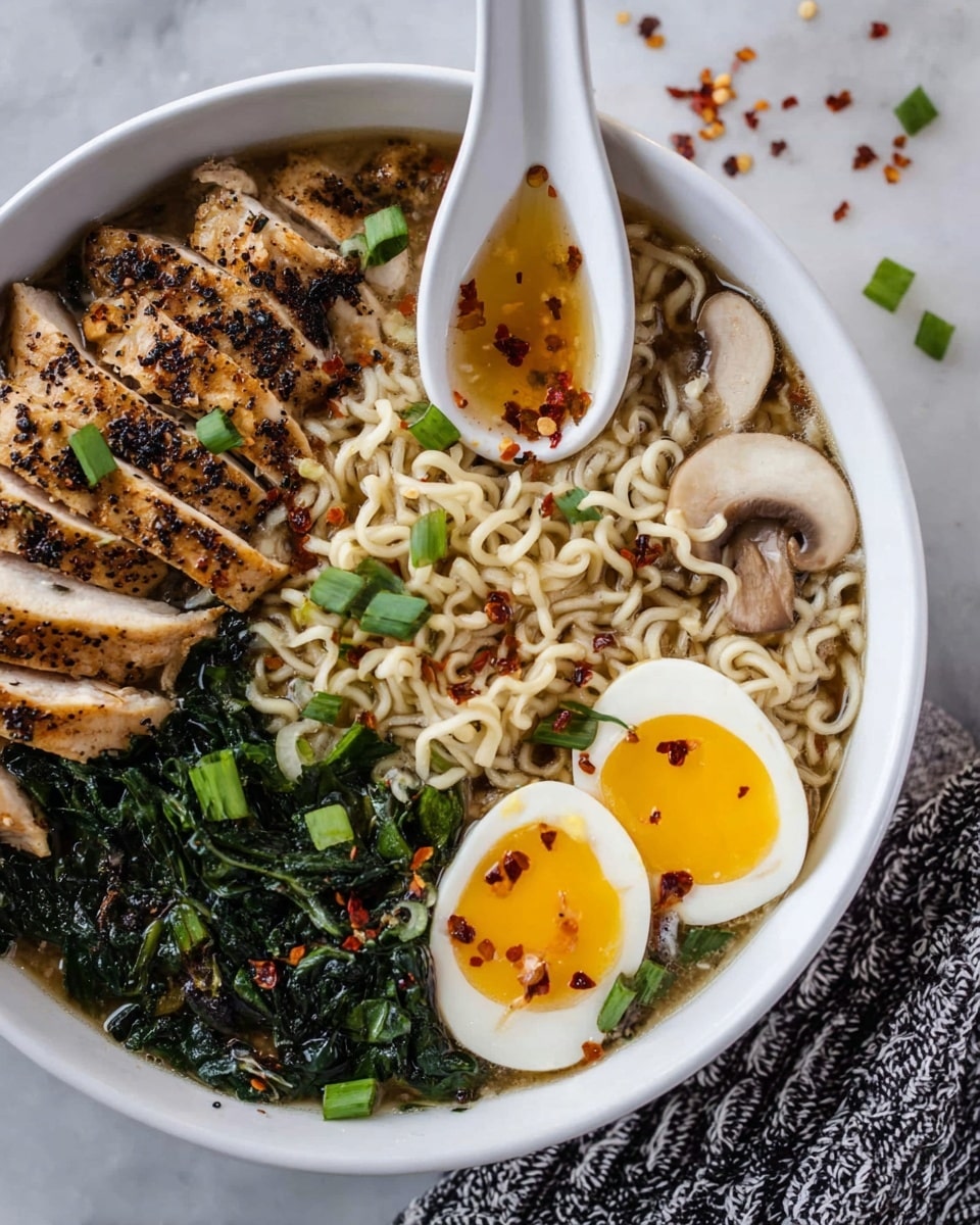 A white bowl filled with several layers of food: the bottom layer is dark green leafy vegetables, partially covered by light beige cooked ramen noodles in the center; two halves of a soft boiled egg with bright yellow yolks and white edges are positioned near the top, sprinkled with red chili flakes; slices of grilled chicken with a slight char and black pepper seasoning are placed on the left side, topped with chopped green onions. A white soup spoon above the bowl holds some noodles and a sliced mushroom with broth. The bowl rests on a white marbled surface with scattered chili flakes nearby, and a corner of a black and white cloth appears at the bottom right. Photo taken with an iphone --ar 4:5 --v 7