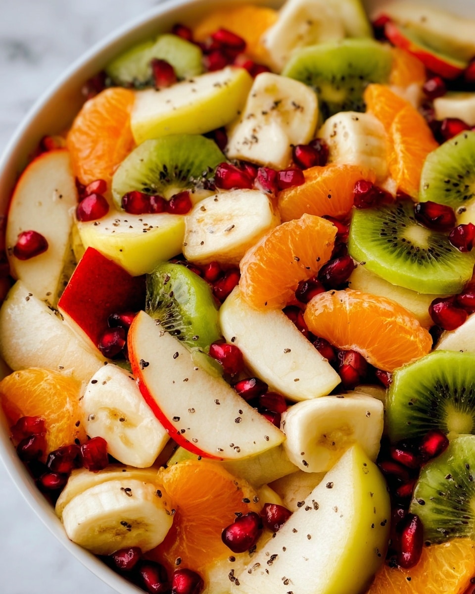 A colorful fruit salad close-up showing many layers of sliced fruits mixed together. The base layer has green kiwi slices, light yellow banana slices, and white apple slices with red skin edges. The middle layer includes bright orange mandarin segments and pale yellow pear pieces. Scattered over the salad are small dark red pomegranate seeds and tiny black poppy seeds, adding texture. The fruits are mixed in a white bowl, set on a white marbled surface. photo taken with an iphone --ar 4:5 --v 7