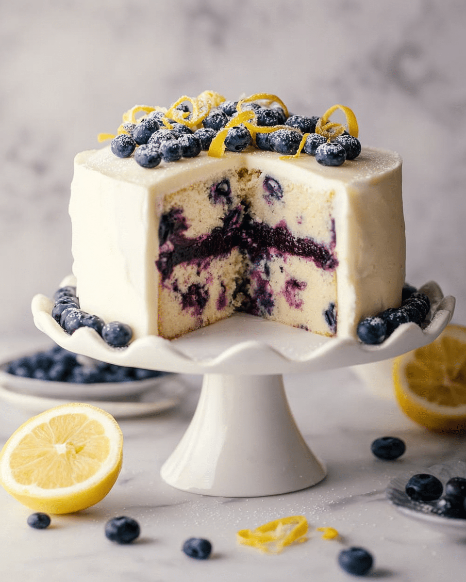 A white frosted cake with two layers visible inside: the top and bottom layers are light beige with blueberries baked inside, creating small dark purple spots, while the middle layer is a thick, dark purple blueberry filling. The cake is topped with fresh blueberries and curled lemon peels dusted lightly with sugar. It stands on a white scalloped cake stand placed on a white marbled surface, with a lemon half, whole lemon, and scattered blueberries around it. Photo taken with an iphone --ar 4:5 --v 7