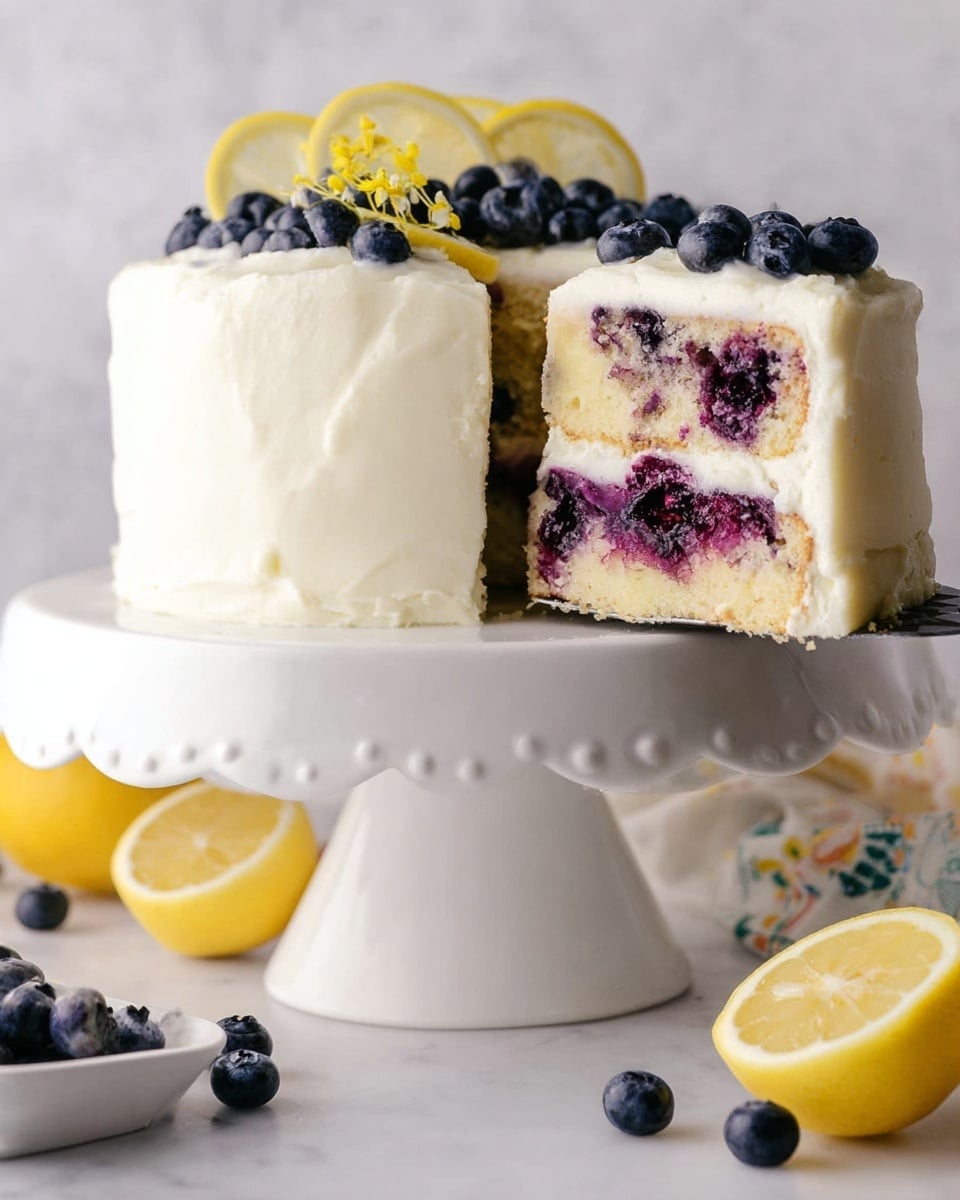 The dish is a two-layer round cake covered in smooth white frosting, sitting on a white cake stand with a scalloped edge. The bottom layer is filled with a dark purple blueberry filling and whole blueberries scattered throughout the light sponge. The top layer is light sponge with embedded blueberries, and the frosting coats the outside evenly. On top, fresh blueberries and thin lemon slices form a decorative arrangement. A slice is lifted, showing the layers and fillings clearly. The background is a white marbled texture with whole and sliced lemons nearby. Photo taken with an iphone --ar 4:5 --v 7