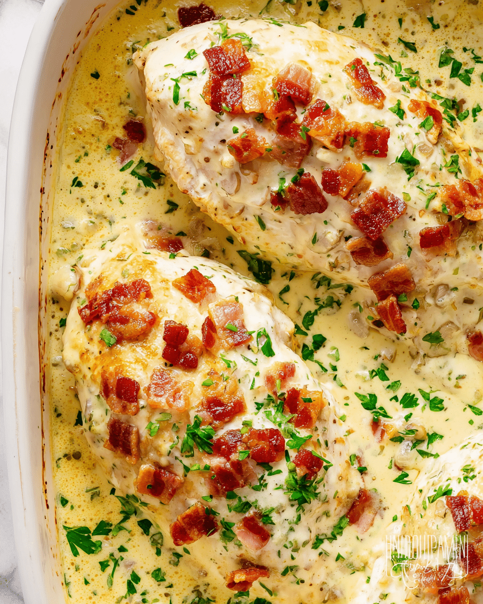 The image shows two pieces of cooked chicken breasts covered in a creamy sauce with small chunks of crispy bacon on top. The chicken is pale with a smooth texture, and the sauce is light yellow with a rich, slightly thick look, pooling around the chicken. Bright green chopped parsley is scattered over the chicken and sauce, adding a fresh contrast. The dish is set in a white baking dish on a white marbled surface. Photo taken with an iphone --ar 4:5 --v 7