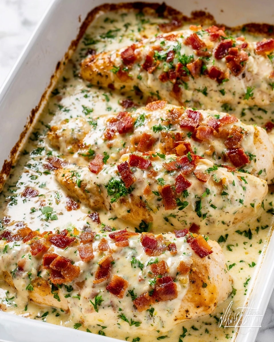 The image shows four baked chicken breasts in a white baking dish, each covered with a creamy white sauce speckled with finely chopped green herbs. On top of the sauce are small, crispy, reddish-brown bacon pieces scattered evenly across the chicken. The chicken breasts are a light golden color, soaking slightly in the creamy sauce that pools gently around them. Bits of fresh green parsley are sprinkled over the entire dish, adding freshness and color contrast against the creamy and bacon toppings. The white marbled surface beneath the dish highlights the warm and rich tones of the baked chicken. Photo taken with an iphone --ar 4:5 --v 7