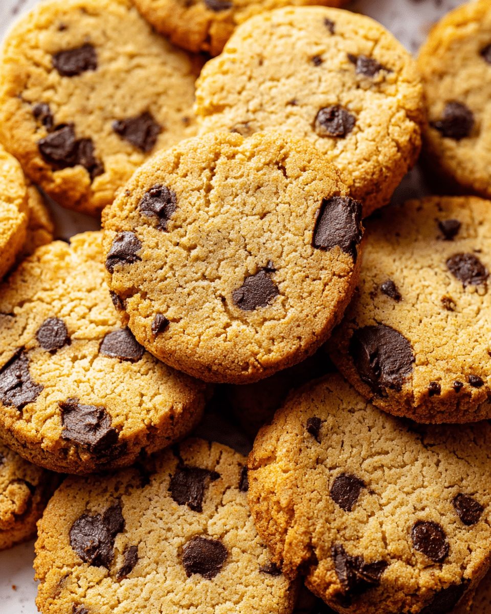 A close-up view of a pile of round, golden-brown cookies with visible dark chocolate chips scattered unevenly across each cookie’s rough surface. The edges of the cookies are slightly darker and crisp, while the centers look soft and crumbly. The cookies are stacked and overlapping closely, filling the frame with their warm, inviting texture, all placed on a white marbled surface. photo taken with an iphone --ar 4:5 --v 7