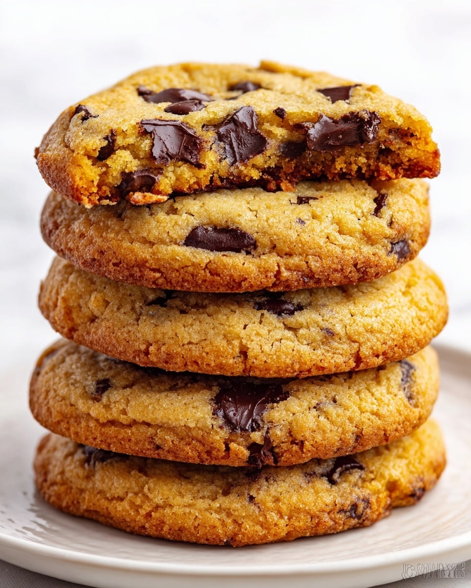 A stack of five thick, chunky chocolate chip cookies is shown close up on a white plate, placed on a white marbled surface. Each cookie is golden brown with a slightly crisp edge and a soft, crumbly texture inside. Dark brown, glossy chocolate chips are unevenly spread throughout the cookies. The top cookie is broken in half, revealing a moist, chewy center with melted chocolate chunks. The cookies look thick and dense, almost cake-like, with the crumbs visible around the edges. Photo taken with an iphone --ar 4:5 --v 7
