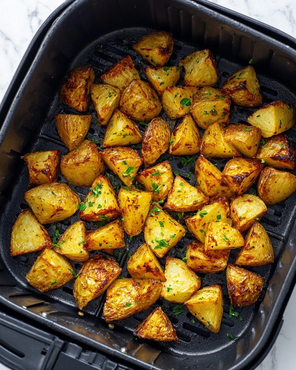 The image shows a black air fryer basket filled with golden brown roasted potato chunks. The potato pieces are cut into irregular cubes and wedges, with a crispy, slightly glossy texture on the outside. Small green parsley leaves are sprinkled evenly all over the potatoes, adding a fresh color contrast. The black basket has ridges underneath the potatoes and is slightly shiny with hints of oil. The overall scene is bright and clear, set against a white marbled texture in the background. Photo taken with an iphone --ar 4:5 --v 7