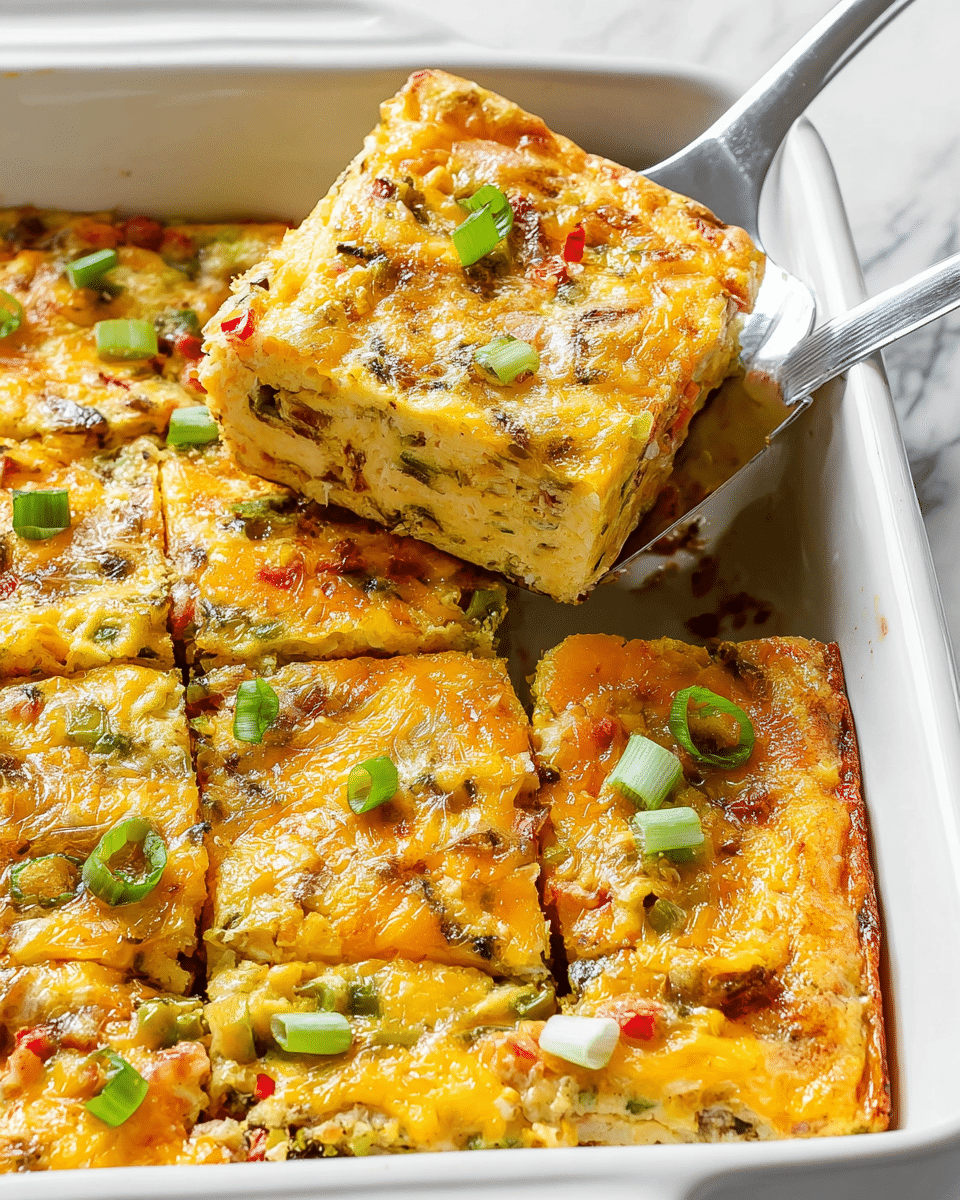 A white rectangular baking dish holds a cheesy egg casserole cut into square pieces. The casserole has a thick single layer that is golden orange with melted cheese on top, speckled with small bits of green and red vegetables mixed throughout. Bright green sliced scallions are sprinkled on the surface, adding a fresh color contrast. A silver spatula lifts one square piece, showing the soft, slightly browned edges and the moist, slightly chunky texture inside. The dish rests on a white marbled texture. Photo taken with an iphone --ar 4:5 --v 7