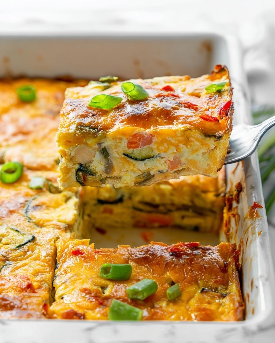 A square slice of a cheesy baked casserole is being lifted by a fork from a white baking dish on a white marbled surface. The casserole has three visible layers: the top layer is golden brown with melted cheese and bits of red and green vegetables, sprinkled with thin slices of green onions; the middle layer is thick and creamy, showing chunks of vegetables like red peppers and zucchini; the bottom layer is a baked base that is slightly browned at the edges. The casserole appears moist and rich, with melted cheese forming a slightly crusty top, and the green onion garnish adds freshness and color. photo taken with an iphone --ar 4:5 --v 7