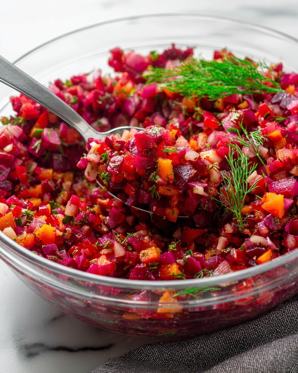 A clear glass bowl filled with a vibrant salad made of small diced pieces in three main colors: deep pink-red, bright orange, and light brown, mixed evenly with small green herb sprigs scattered throughout. The diced pieces have a soft texture with some slightly shiny surfaces, and the green herbs add a fresh contrast. A silver spoon rests inside the bowl, partially scooping the salad, with a small bunch of fresh dill placed on top for decoration. The bowl sits on a white marbled surface, with a gray cloth partially visible at the bottom. photo taken with an iphone --ar 4:5 --v 7