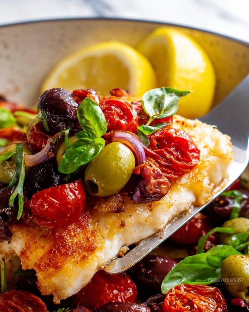 Mediterranean-Style Barramundi with Cherry Tomatoes, Olives, and Basil Recipe