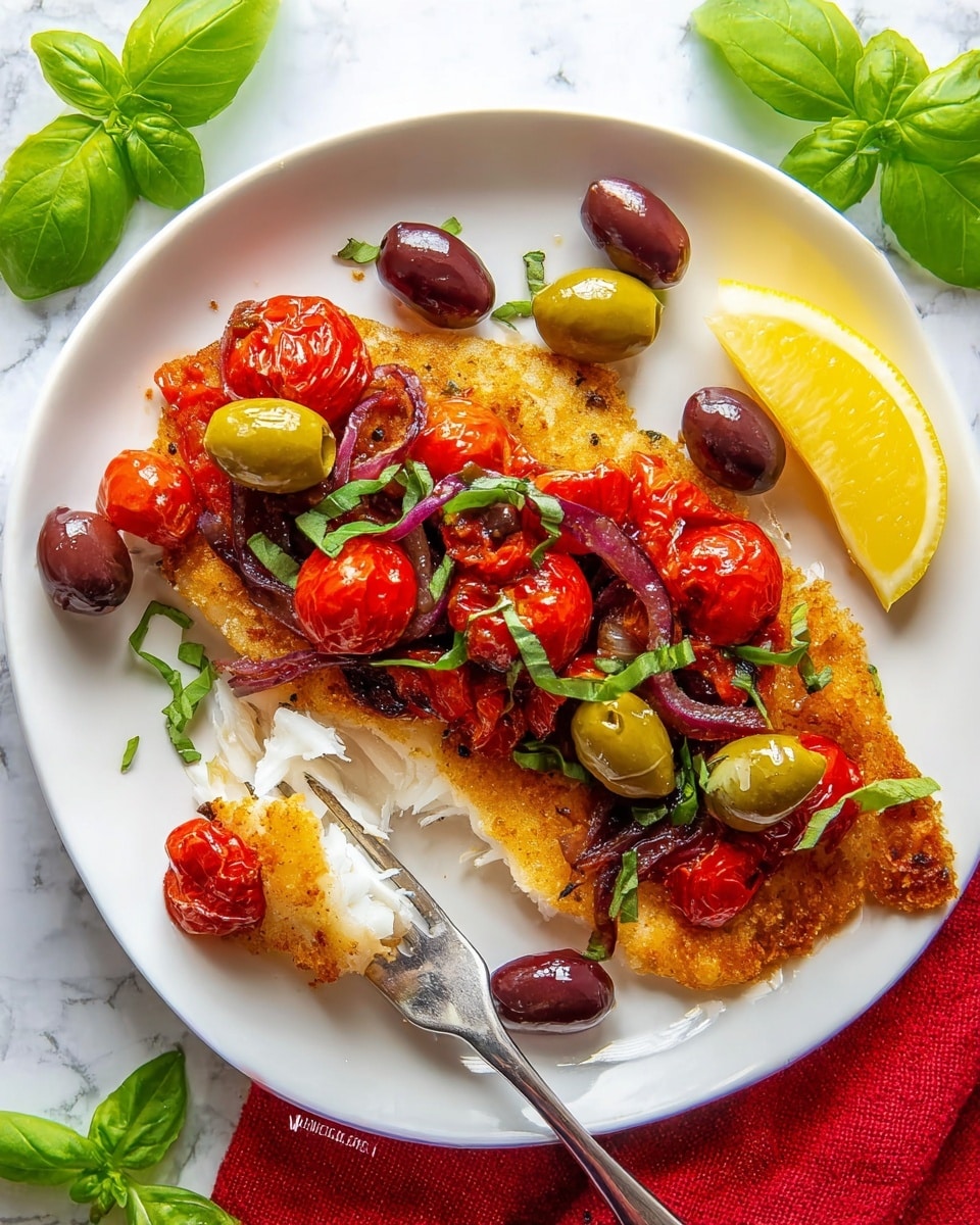 A white plate holds a cooked fish fillet with a crispy golden-brown crust as the bottom layer, topped with roasted red cherry tomatoes and thin slices of cooked red onion that add vibrant red and purple colors with a soft texture. Scattered on top and around the fish are glossy green and dark purple olives, along with fresh green basil leaves, some finely sliced and some whole, adding a fresh look. A wedge of yellow lemon sits on the side of the fish, and a fork pulls apart the flaky white fish, showing its soft inside. The plate is set on a white marbled surface with a few whole fresh basil leaves nearby and a red cloth partially visible at the bottom edge. Photo taken with an iphone --ar 4:5 --v 7
