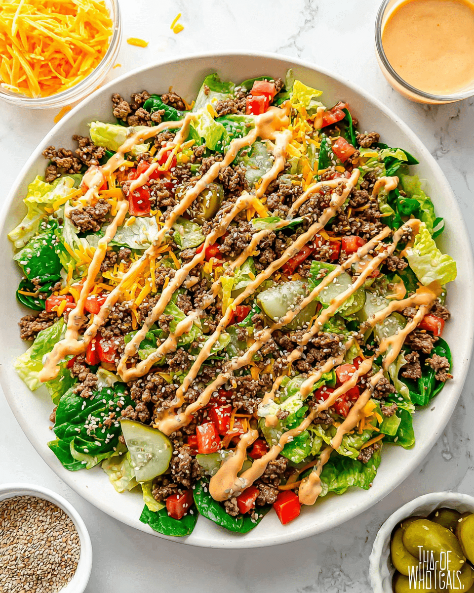 A large round white plate holds a colorful layered taco salad on a white marbled textured surface. The bottom layer consists of chopped bright green romaine lettuce, mixed with darker green spinach leaves. Scattered throughout are small red chunks of tomato and shredded orange cheddar cheese. Bits of browned ground beef add a rich, textured layer, appearing in small clusters around the salad. Drizzled evenly across the top is a light orange creamy dressing, adding contrast with its smooth texture. Small sesame seeds are sprinkled over the entire salad, giving a speckled appearance. Around the plate, small white bowls hold additional sesame seeds and sliced pickles. Photo taken with an iphone --ar 4:5 --v 7