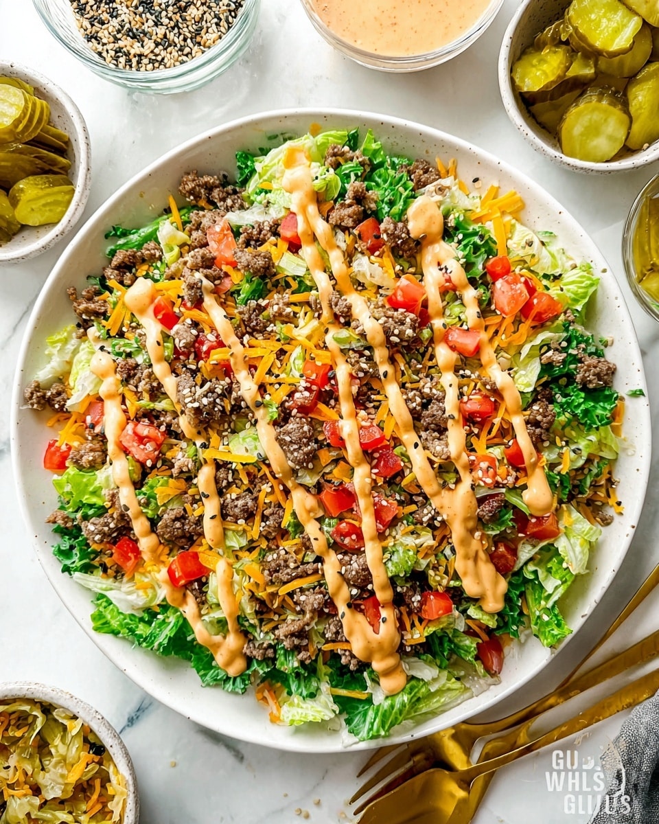 A white round plate holds a fresh taco salad with vibrant layers: bright green romaine lettuce leaves at the base, topped with crumbled brown cooked ground beef, scattered pieces of red chopped tomatoes, and orange shredded cheese. Creamy light orange sauce is drizzled over the top, with white sesame seeds sprinkled evenly across the salad. A gold fork is partly inside the salad, stirring the ingredients together. Behind the plate, a white bowl filled with shredded orange cheese and a small cup of sliced pickles sit on a white marbled surface. Photo taken with an iphone --ar 4:5 --v 7