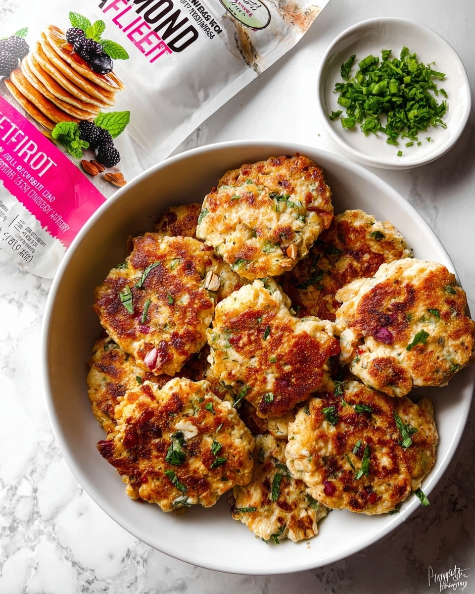 A white bowl filled with golden brown patties that have a crispy, slightly uneven surface showing hints of cooked herbs and small green specks, sprinkled lightly with fresh chopped green herbs. To the side of the bowl, there is a small white plate with finely chopped fresh green herbs, and above the bowl, a package of almond flour with bright pink and black text and an image of a stack of pancakes topped with berries and a mint leaf. The entire scene is set on a white marbled textured surface. photo taken with an iphone --ar 4:5 --v 7