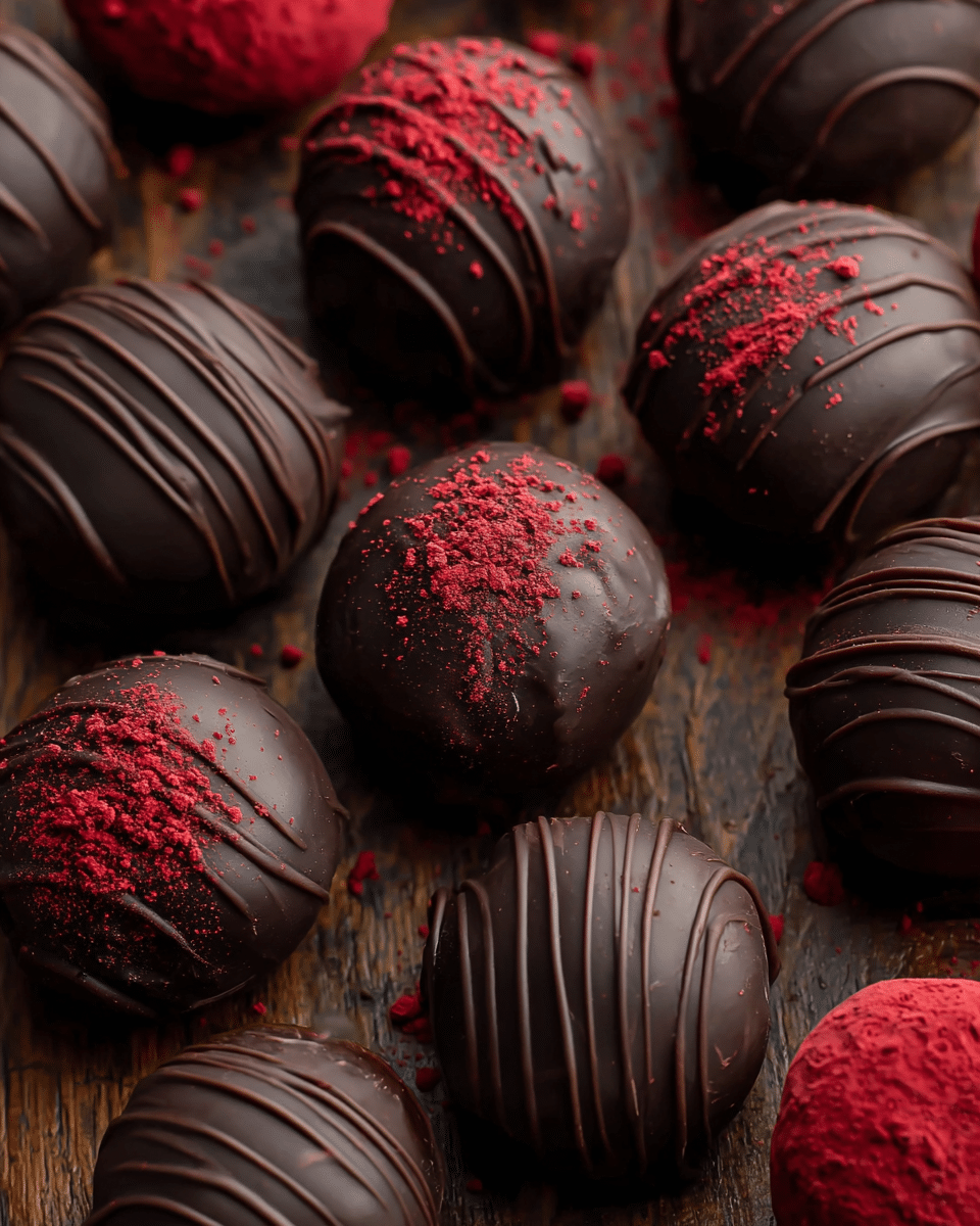 The image shows many round chocolate truffles placed close together on a wooden surface. Each truffle has a smooth dark chocolate coating, with some decorated by thin dark chocolate lines swirled on top, and others sprinkled with bright red powder for contrast. The truffles are shiny and have small glossy reflections, showing their smooth texture. The red powder is scattered slightly around the truffles, adding more color to the dark chocolate. photo taken with an iphone --ar 4:5 --v 7