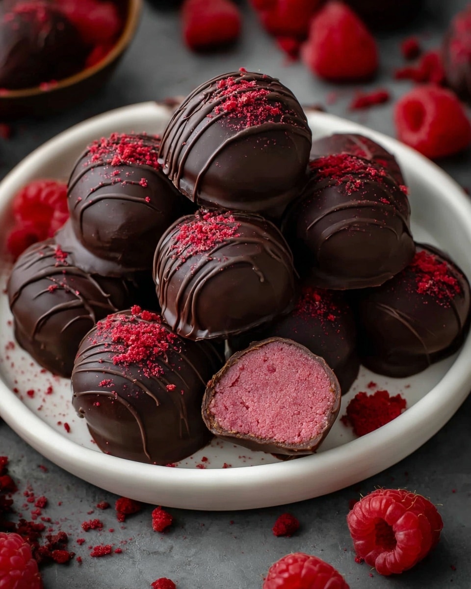 A round white plate is filled with glossy dark chocolate truffles piled in several layers, some smooth and some decorated with thin chocolate drizzle lines. The truffles are sprinkled on top with bright red crushed raspberry powder, adding a rough texture and vibrant color contrast. Around the plate, there are fresh whole raspberries and a few extra truffles scattered on a white marbled texture surface. One truffle is cut in half, showing a smooth pink raspberry filling inside, creating a soft center inside the dark chocolate shell. photo taken with an iphone --ar 4:5 --v 7