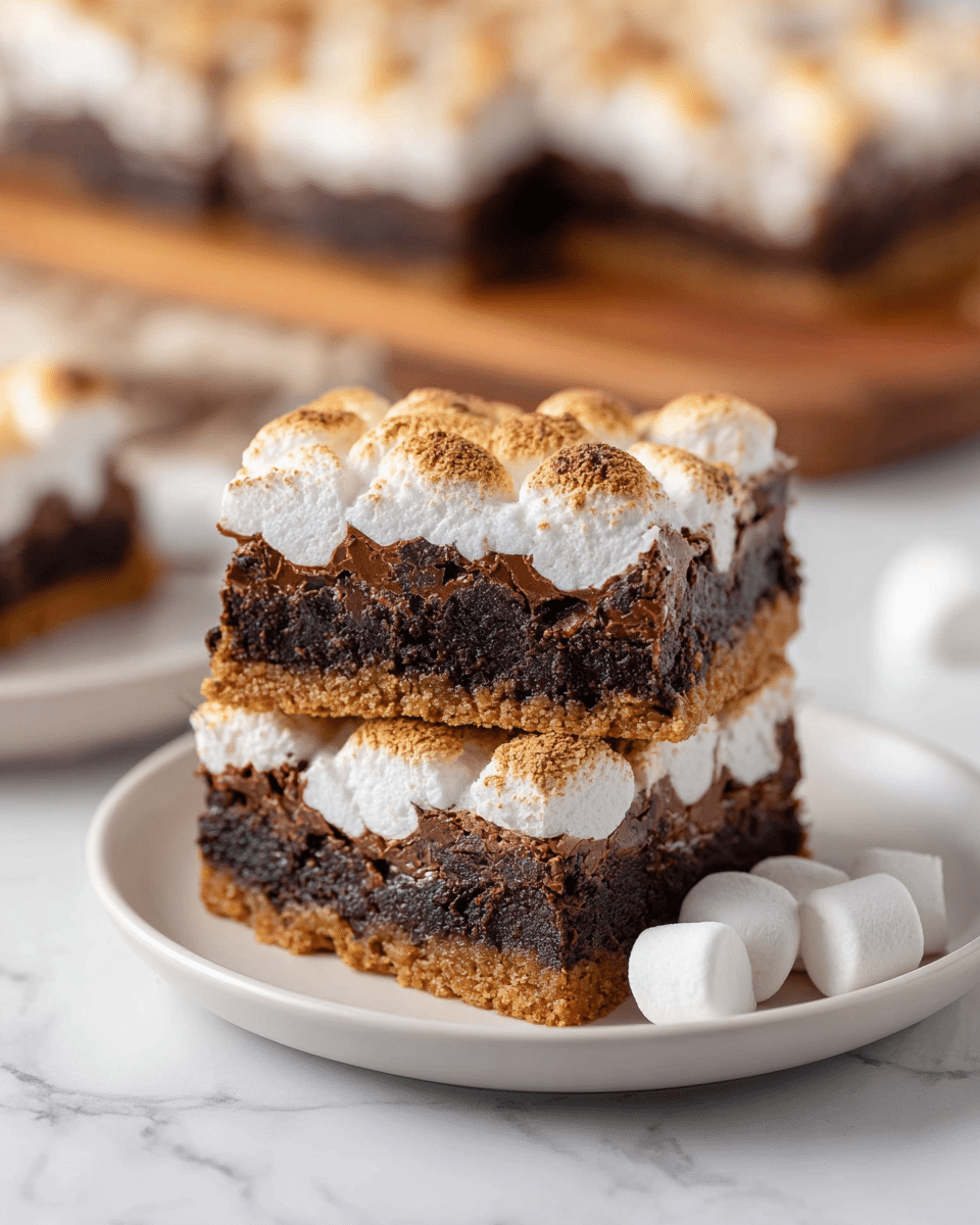 Two square dessert bars stacked on a white plate with three small marshmallows beside them, set on a white marbled surface. Each bar has three layers: the bottom layer is a thin golden brown graham cracker crust, the middle layer is thick and dark chocolate brownie with a moist and dense texture, and the top layer is a layer of fluffy, slightly browned toasted white mini marshmallows. In the background, there is a blurred image of more bars on a wooden board. Photo taken with an iphone --ar 4:5 --v 7