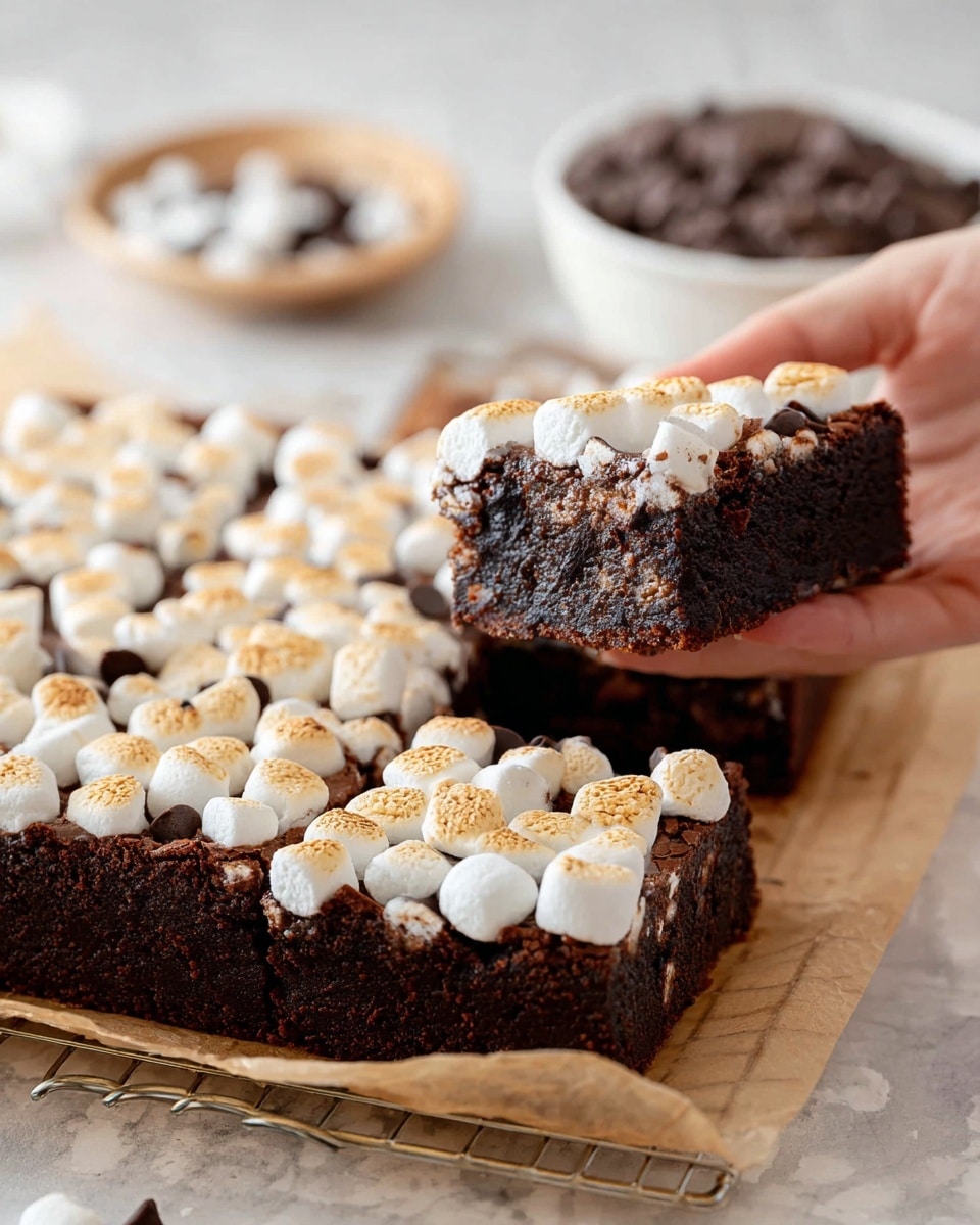 A thick, dark brown square brownie with a layer of small toasted marshmallows on top, each marshmallow slightly puffed and golden at the edges. The brownie is cut into smaller squares, and a woman's hand is lifting one piece, showing the soft, dense texture inside. The brownie is set on brown parchment paper over a wire rack, placed on a white marbled surface. In the background, a white bowl filled with chocolate chips and more small marshmallows is slightly out of focus. Photo taken with an iphone --ar 4:5 --v 7