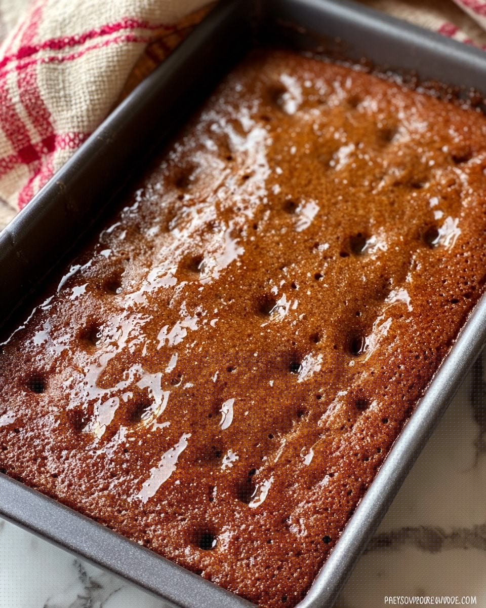 The image shows a close-up of a single-layer baked cake in a dark gray rectangular pan. The cake has a rich brown color with a moist texture, showing small holes across the surface where it looks like a liquid glaze has been soaked in, making parts of the cake shiny and wet. The pan sits on a white marbled surface with a cloth nearby that has beige and red checkered patterns. Photo taken with an iphone --ar 4:5 --v 7