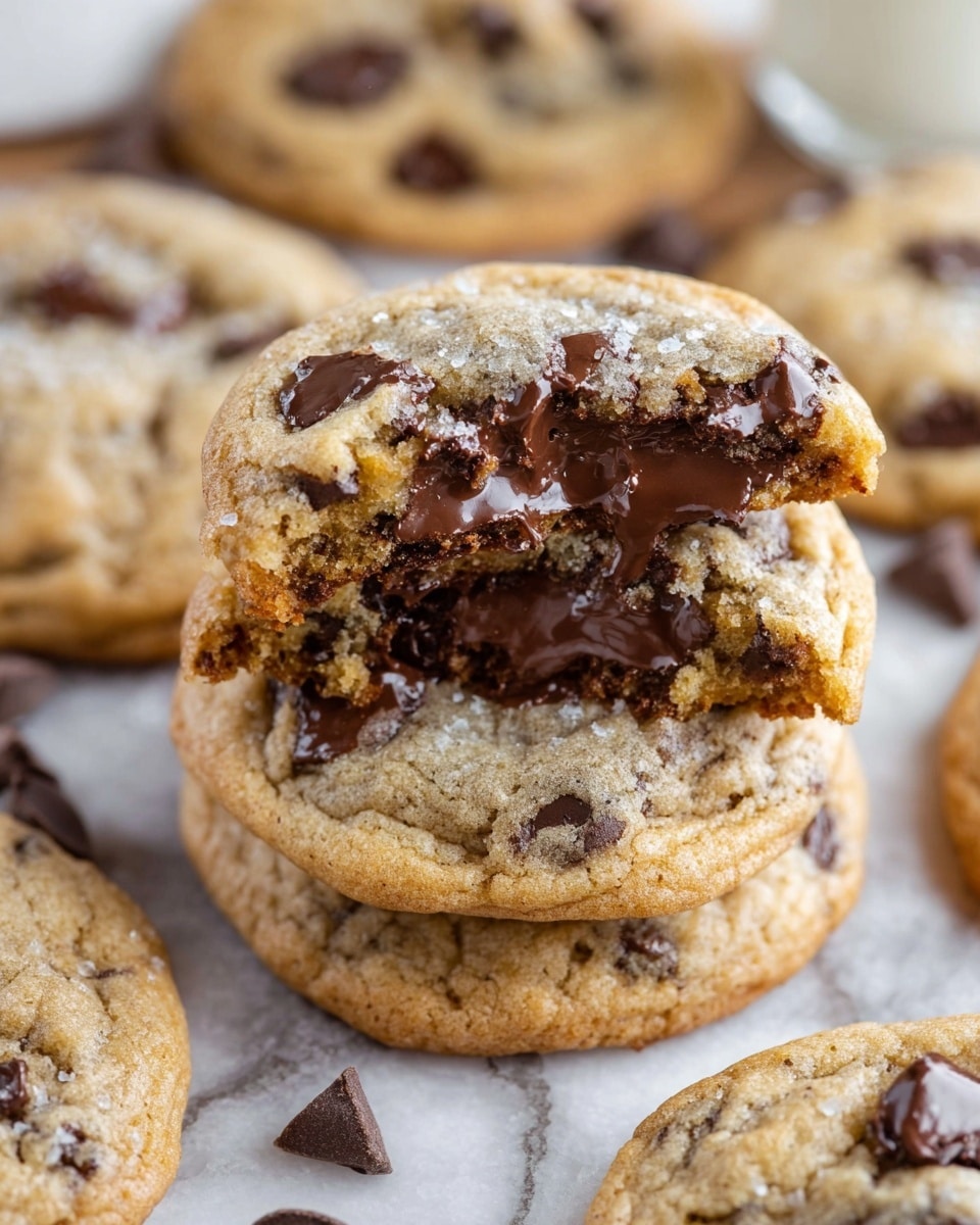 A close-up view of a stack of soft chocolate chip cookies on a white marbled surface, with the top cookie broken in half and placed on top to show its gooey melted chocolate inside. The cookies are light golden-brown with plenty of dark chocolate chips embedded throughout. The broken cookie halves reveal a moist and tender texture with shiny, smooth melted chocolate filling the middle. More whole cookies can be seen scattered around the stack in the background. Photo taken with an iphone --ar 4:5 --v 7